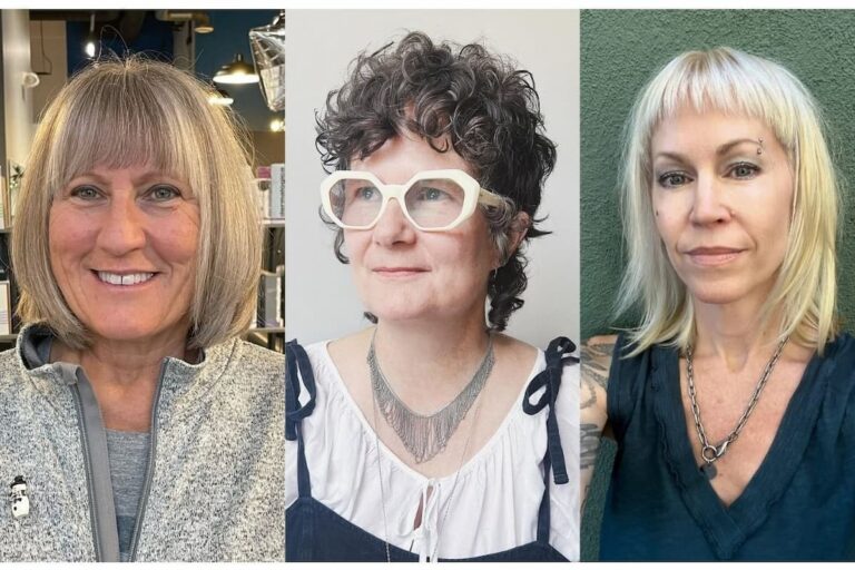 Collage photo of three older women modelling the best fringe styles.