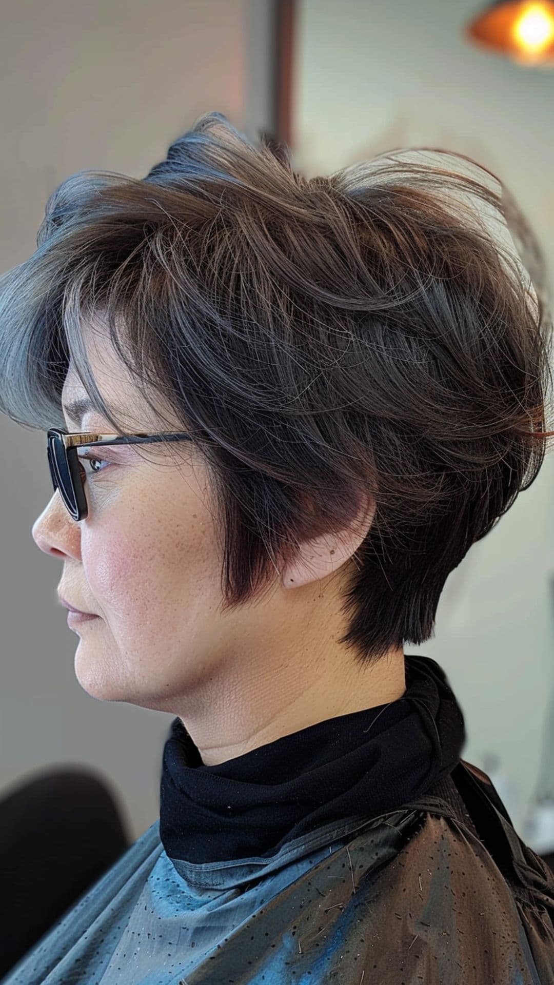 An old woman modelling a textured pixie bob cut.