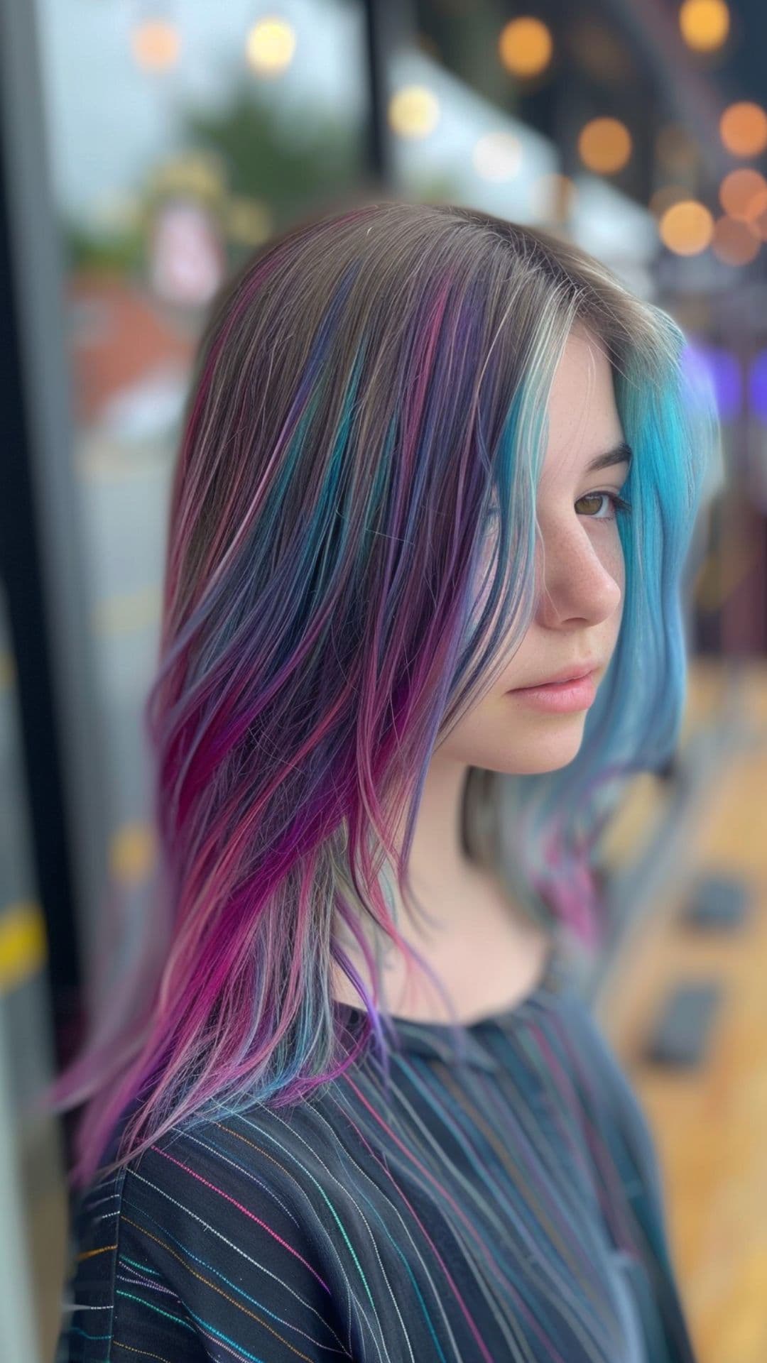 A teen girl modelling a galaxy hair.