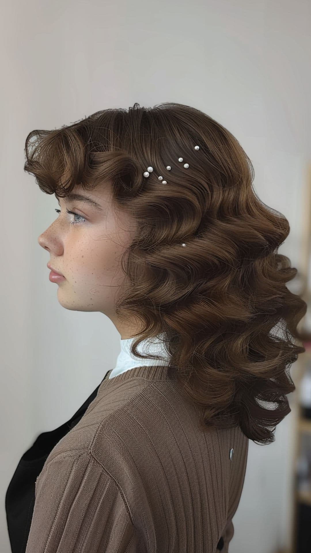 A round-faced woman modelling a retro waves hairstyle.
