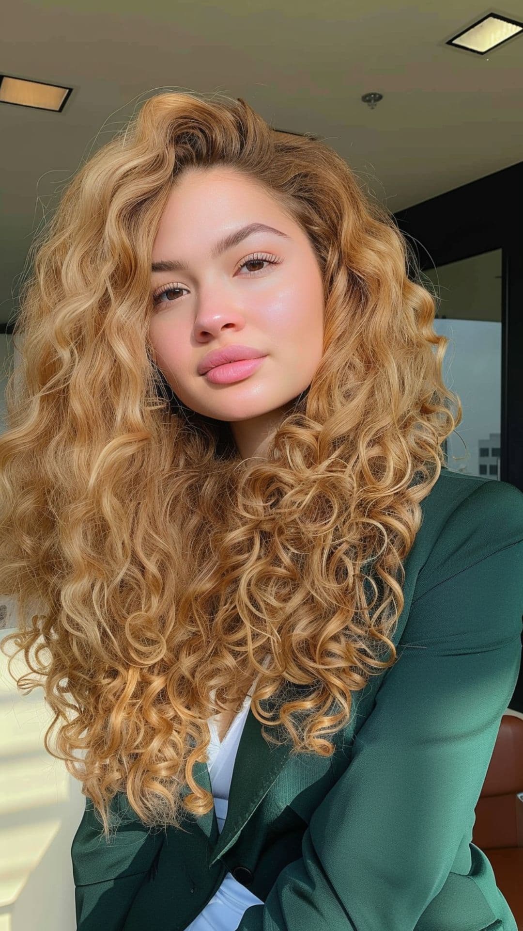 A woman modelling a golden blonde curly hair.