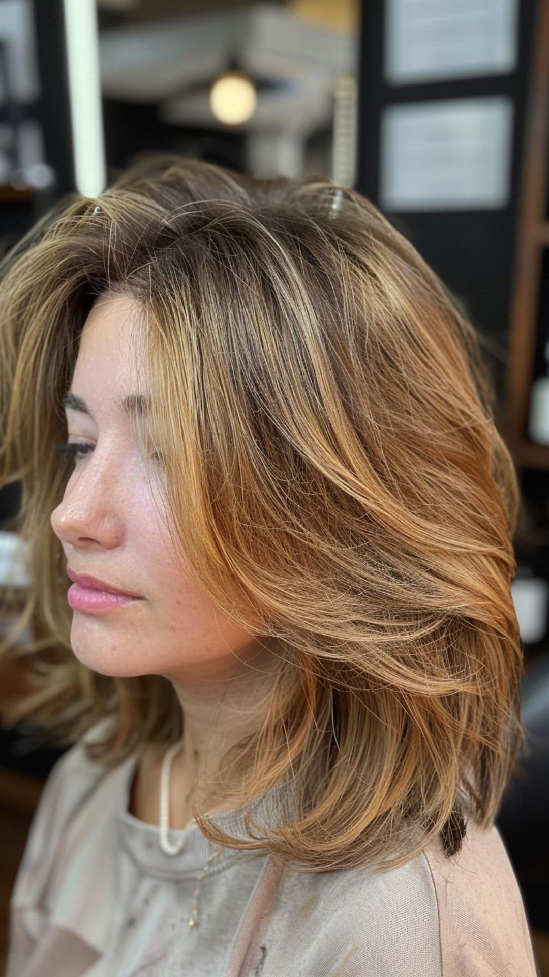 A woman modelling a golden caramel hair highlights.
