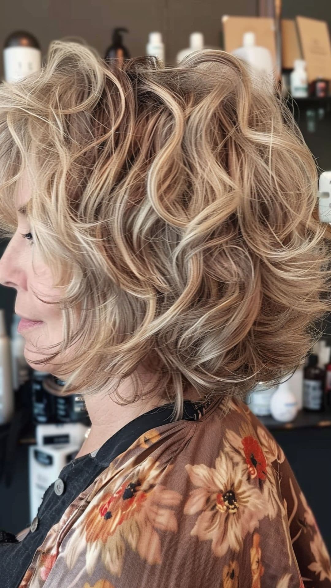 An old woman modelling a layered bob with dimensional highlights.