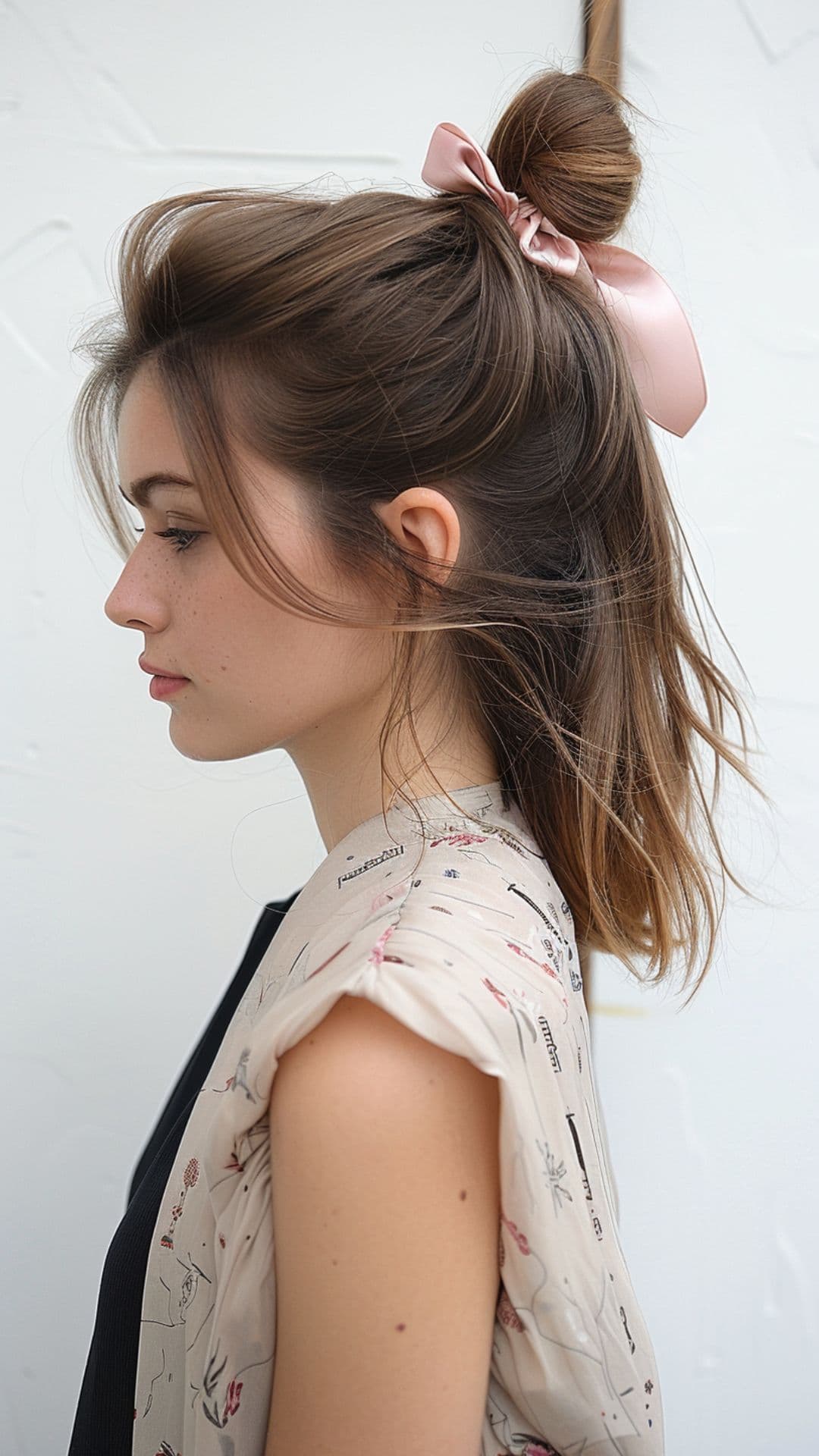 A woman modelling a half-up bun with ribbon hairstyle.