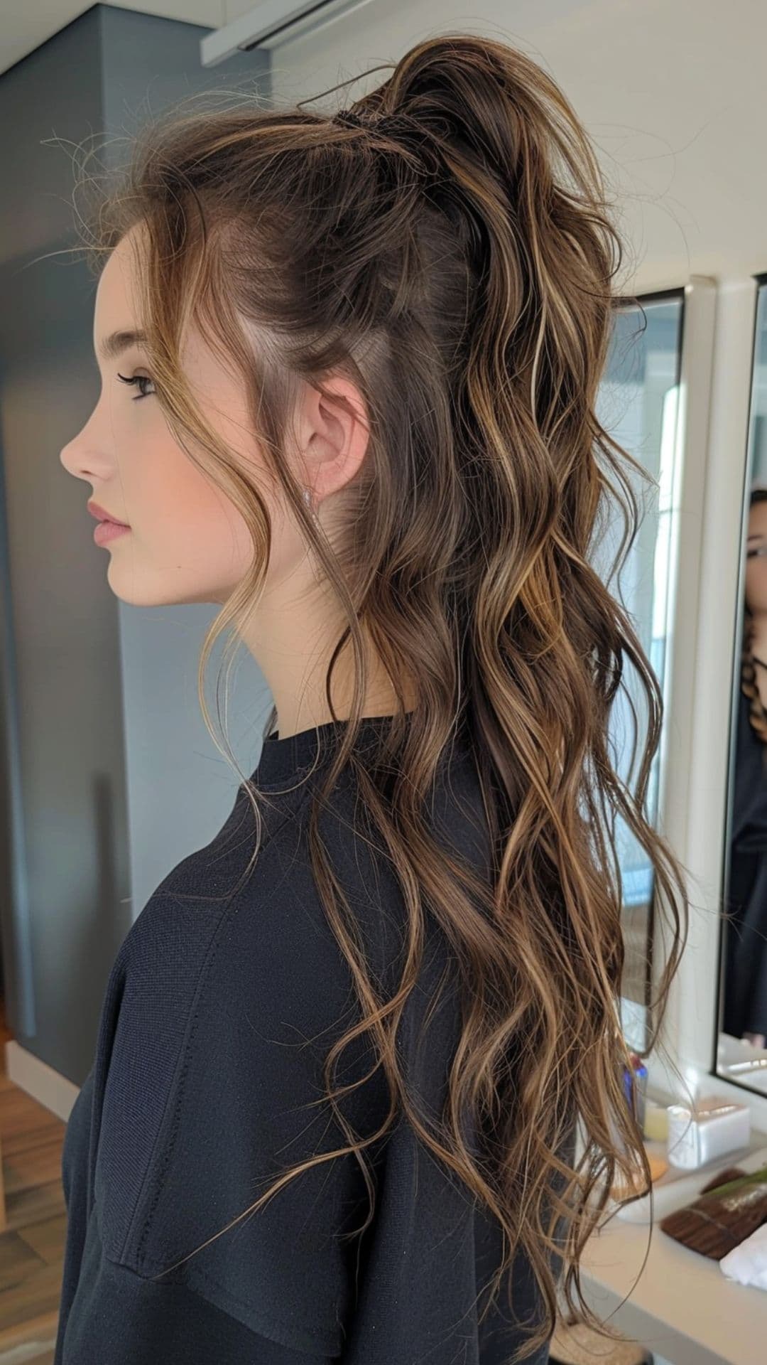 A woman modelling a half-up ponytail.