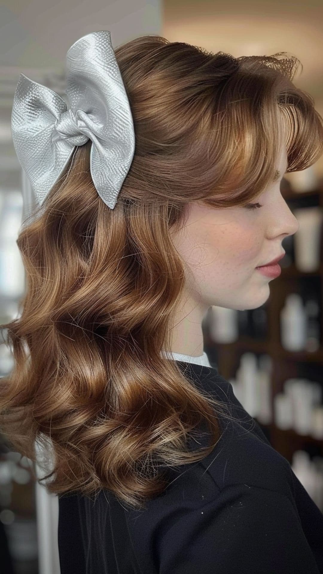 A woman modelling a half-up with bow hairstyle.