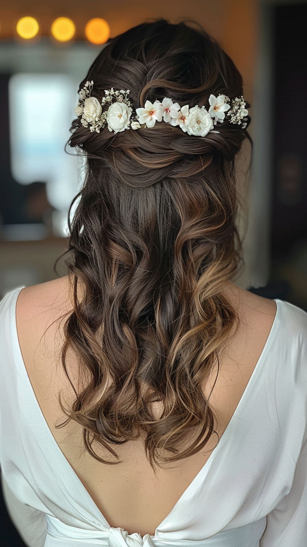 A woman modelling a half-up with flower accessories hairstyle.