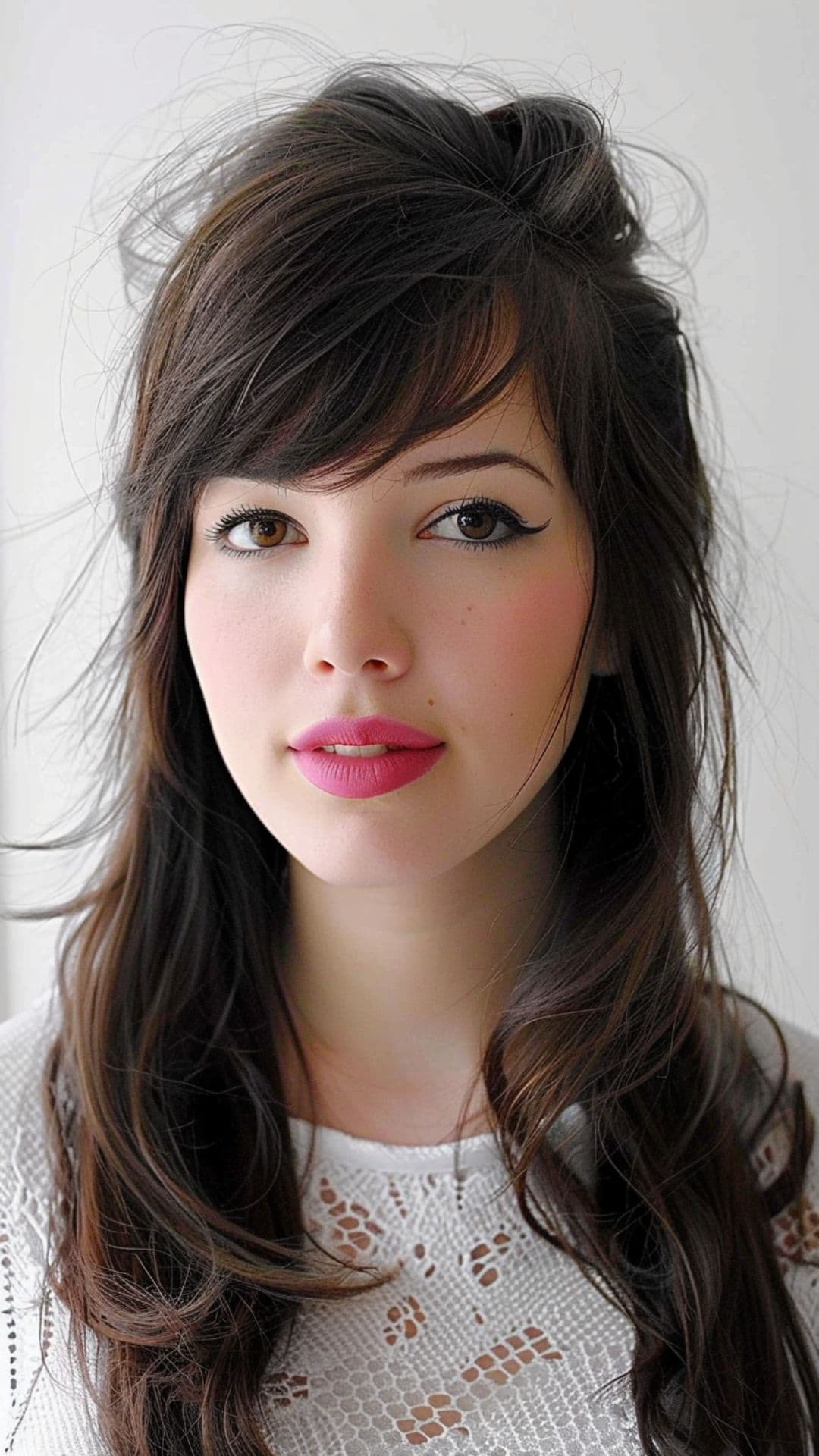 A woman modelling a half-up with side-swept bangs hairstyle.