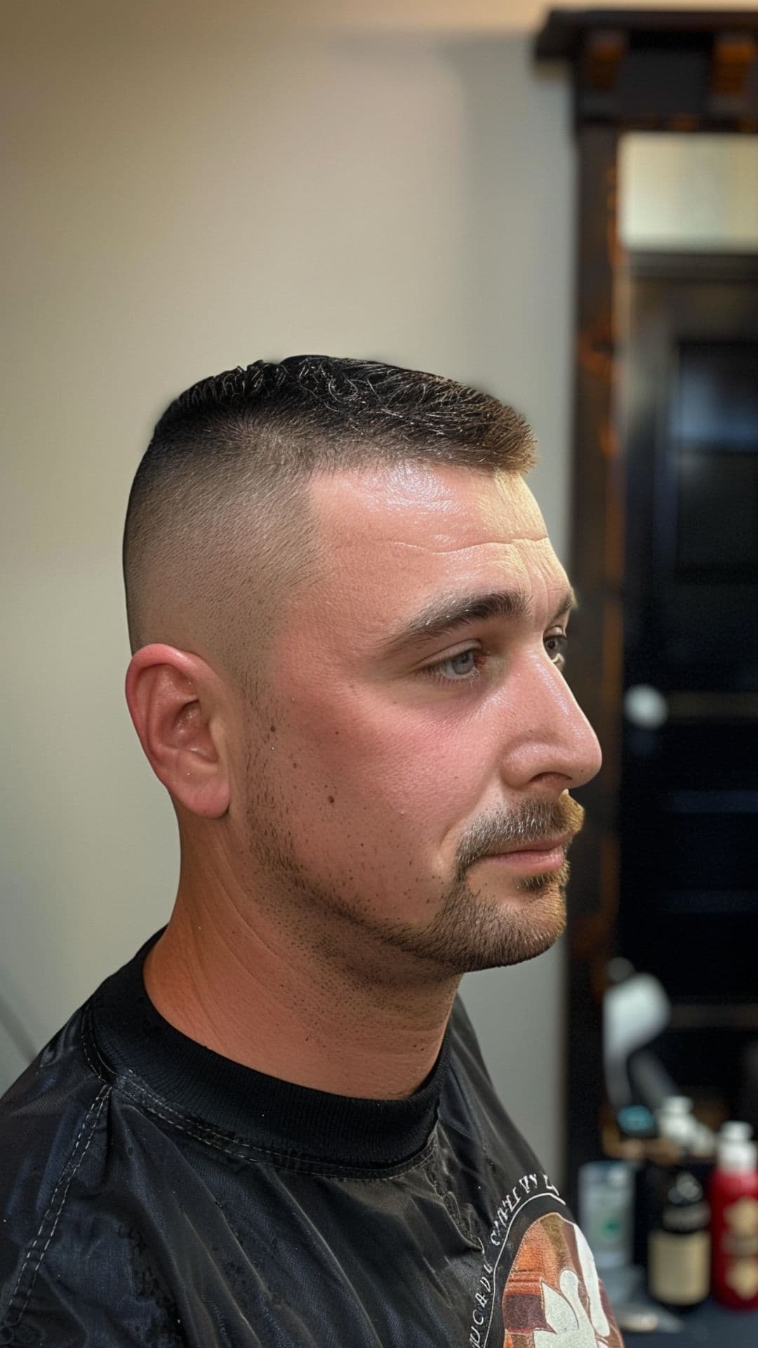 A middle aged man modelling a high and tight haircut.
