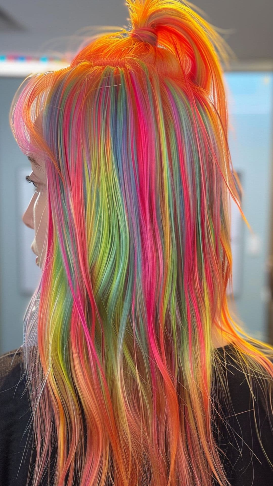 A young woman modelling a holographic hair.