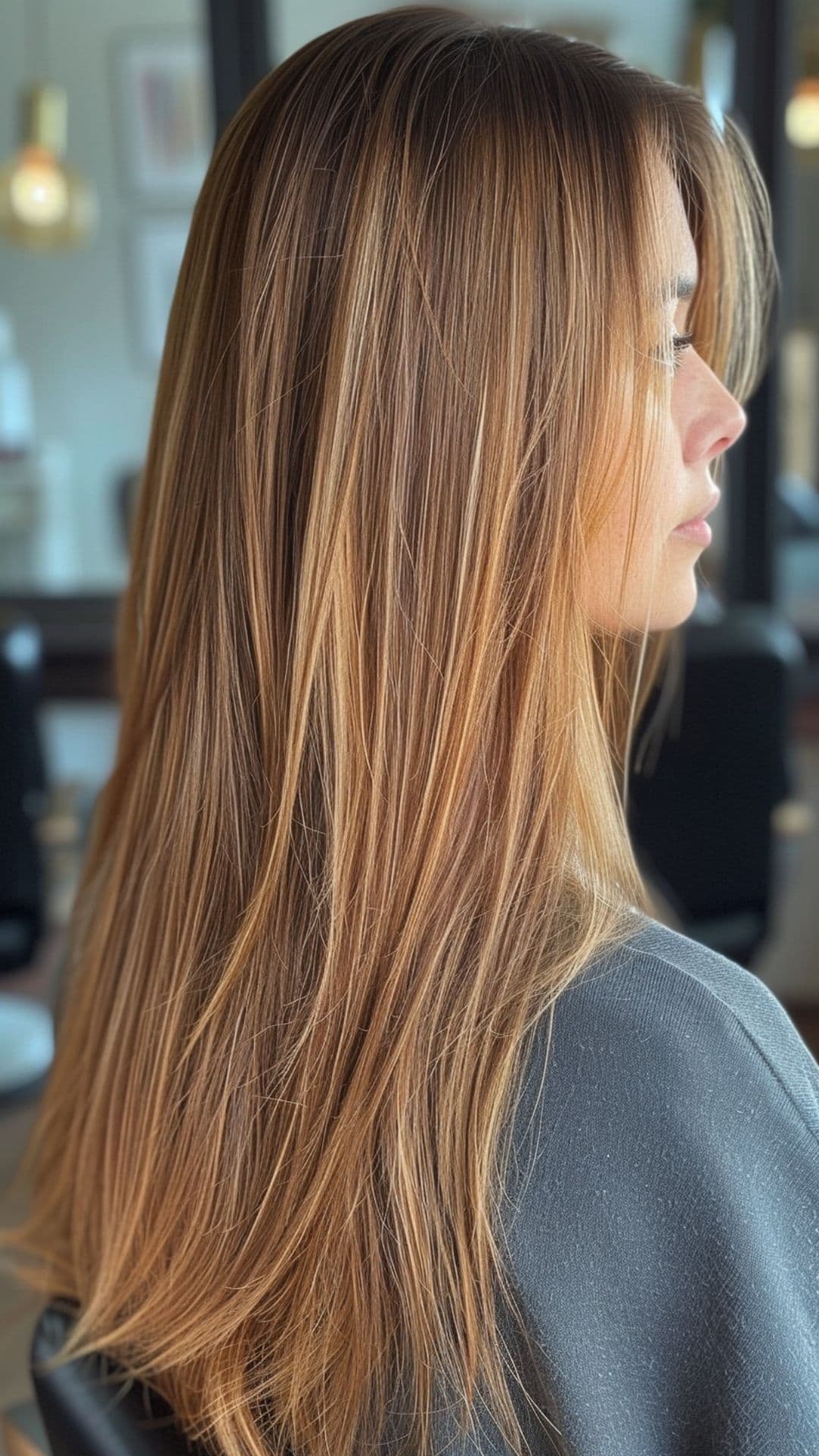 A woman modelling a honey blonde highlights.