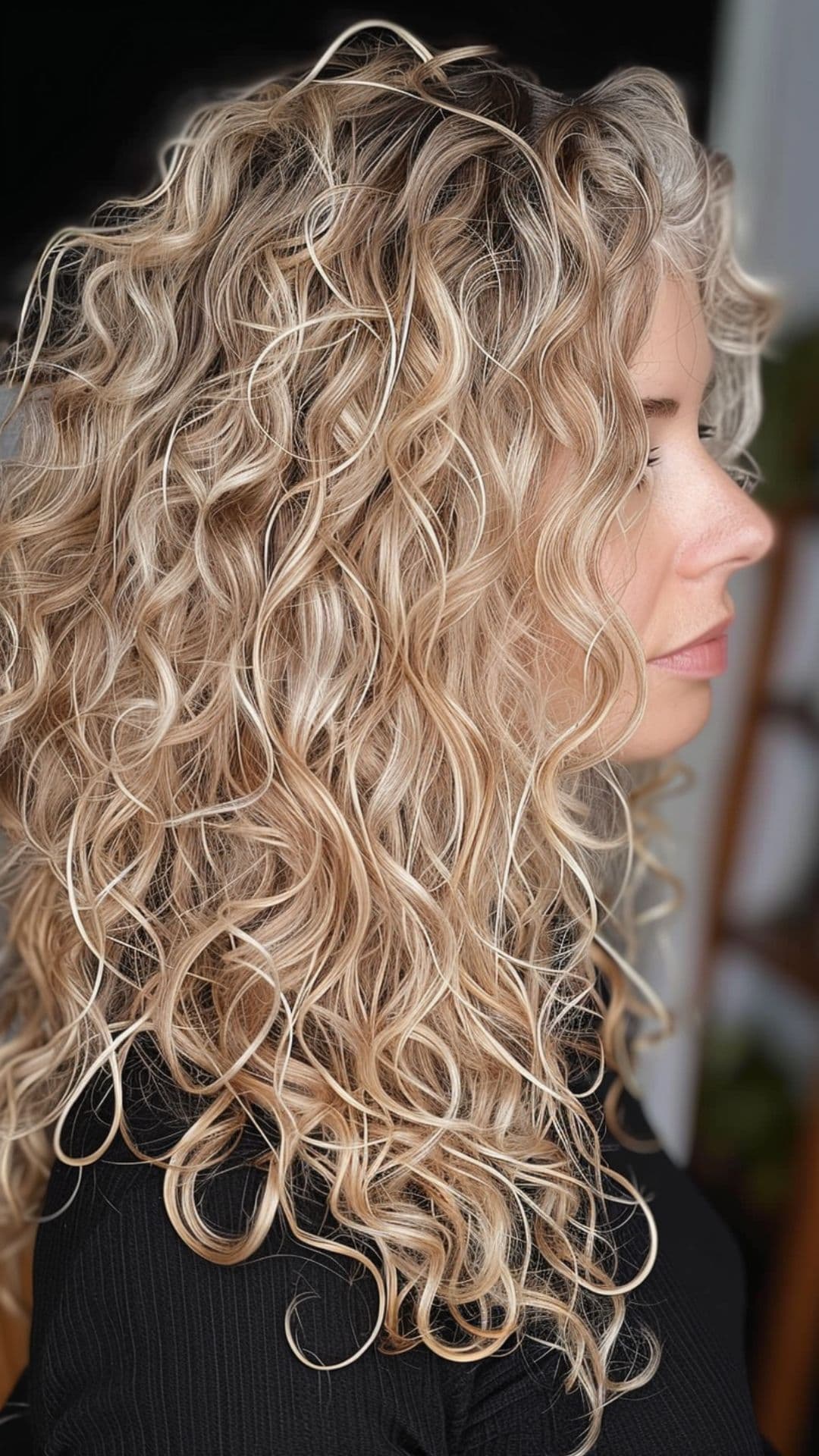 A woman modelling an icy pearl blonde curly hair.