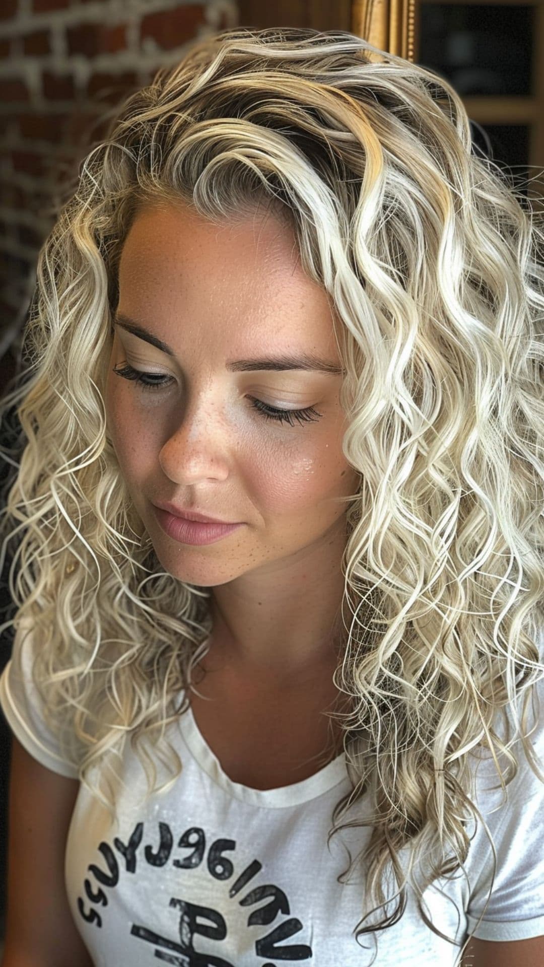 A woman modelling an icy platinum blonde curly hair.