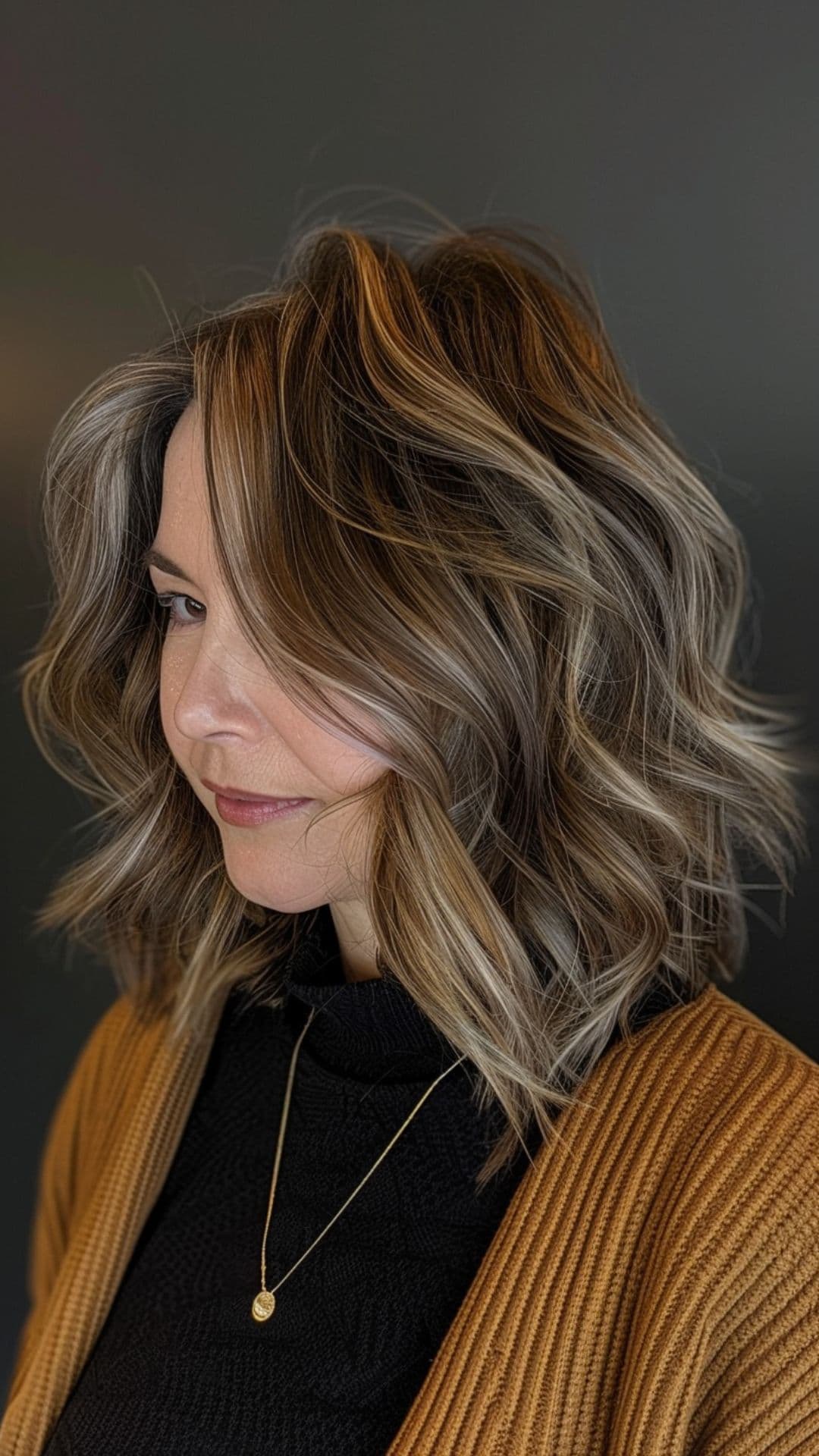 An old woman modelling a layered cut with beachy waves.