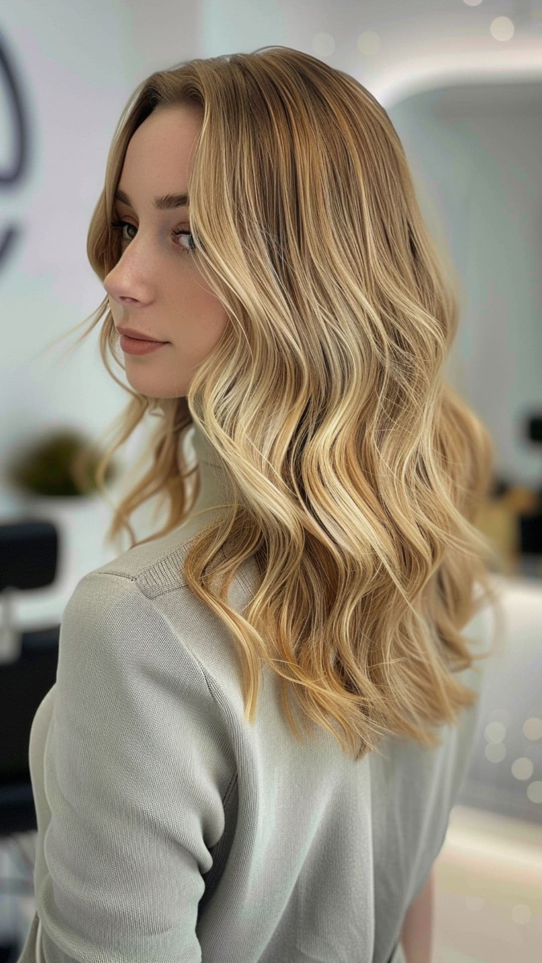 A woman modelling a light caramel honey blonde blend hair.