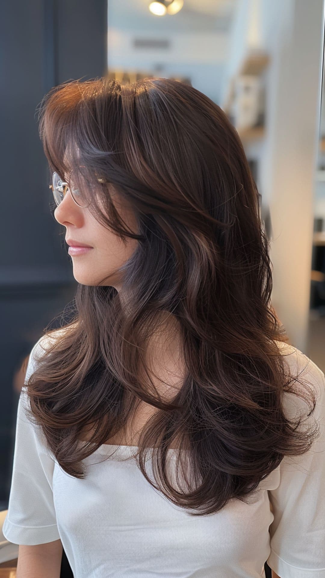 A woman wearing eyeglasses modelling a long hair with side bangs.