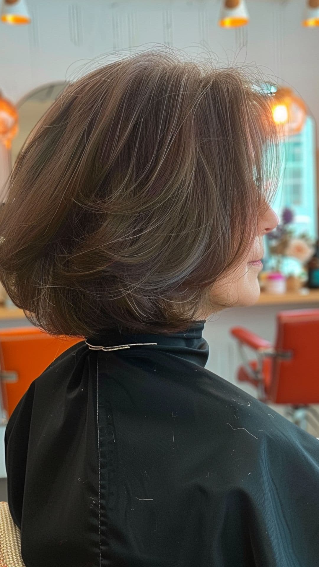 An old woman modelling a long layered bob with volume.