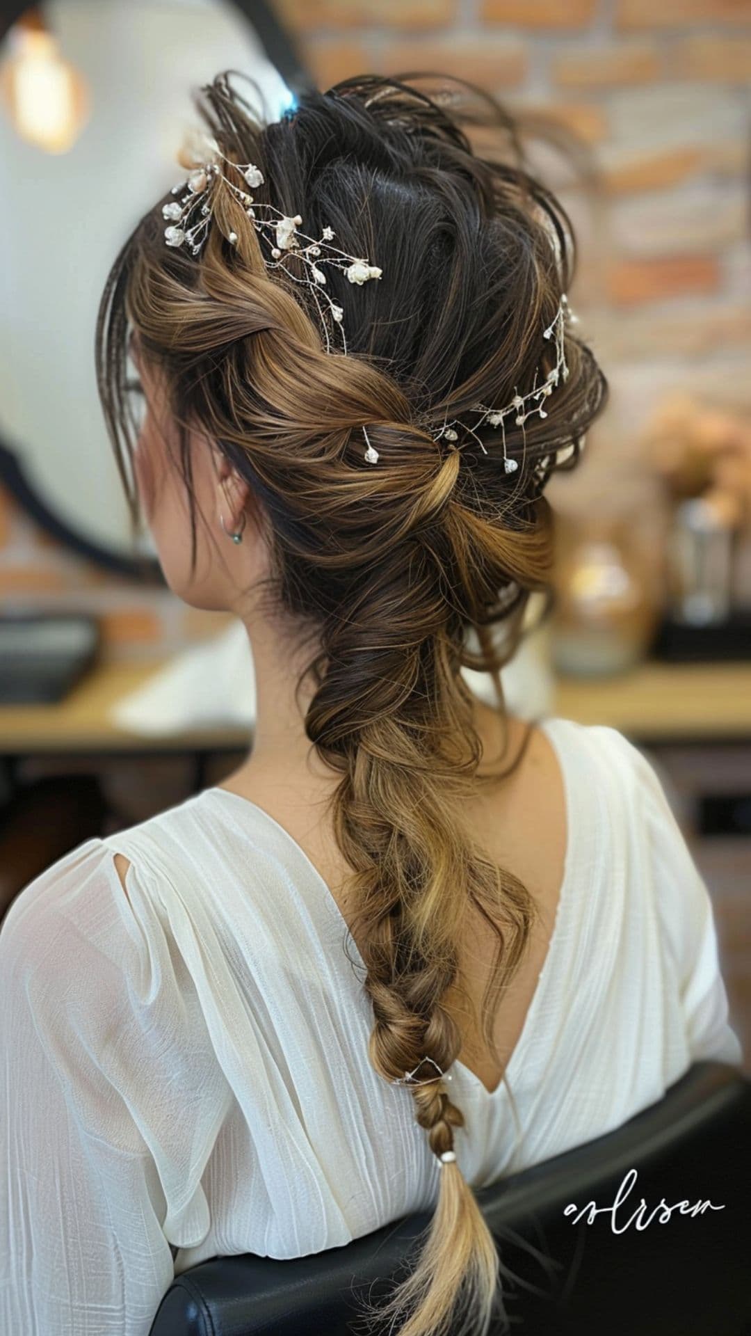 Una mujer modelando una trenza francesa suelta.