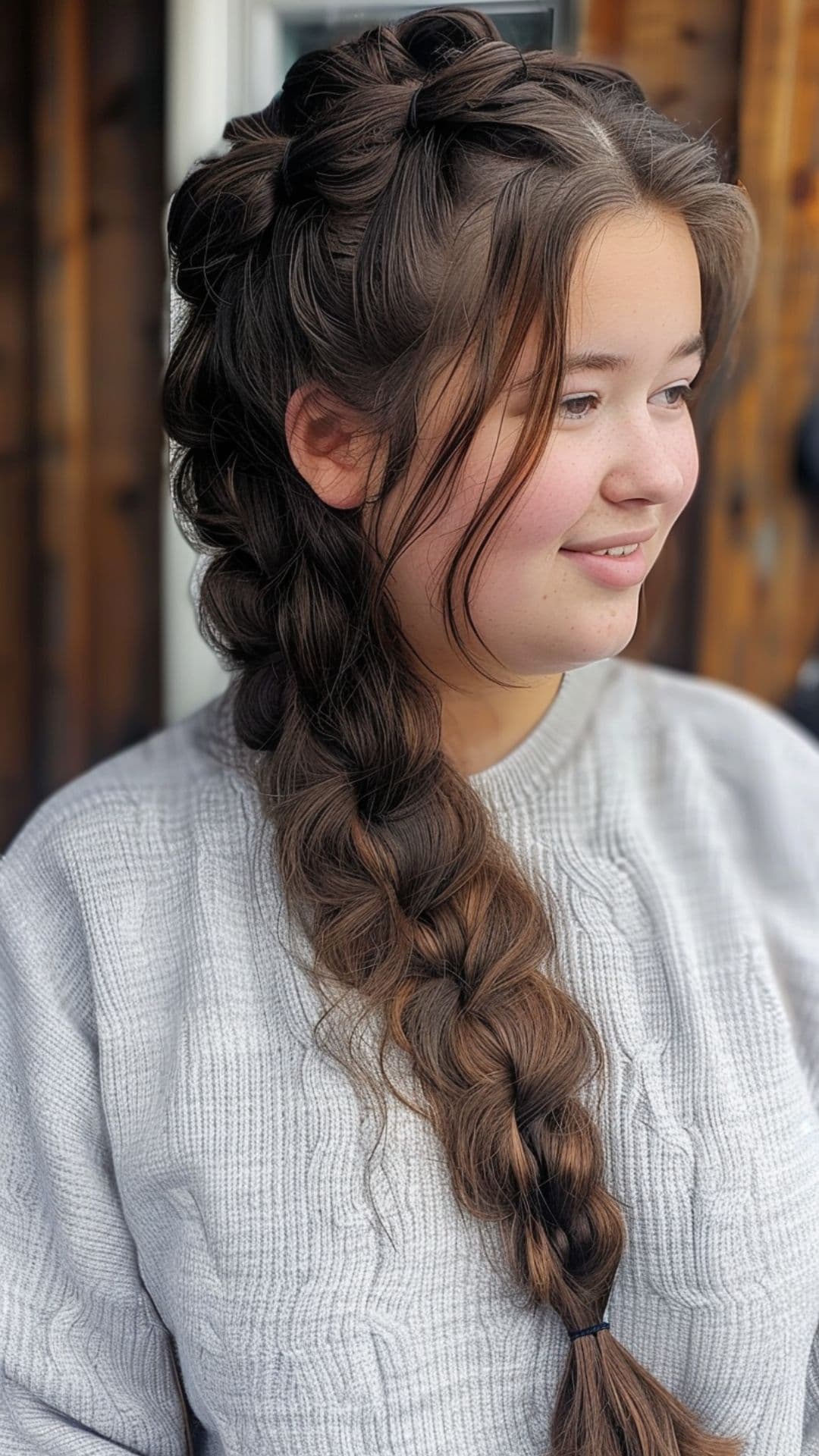 Una mujer modelando una trenza lateral suelta.