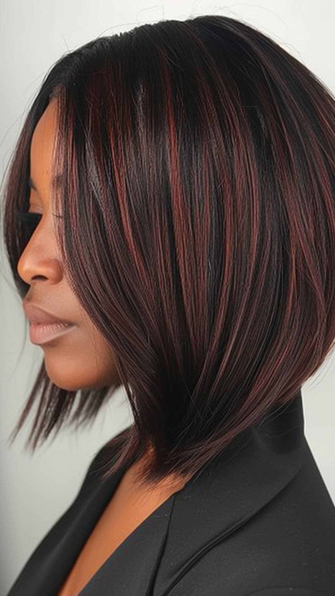 A woman modelling a black hair with copper and mahogany highlights.