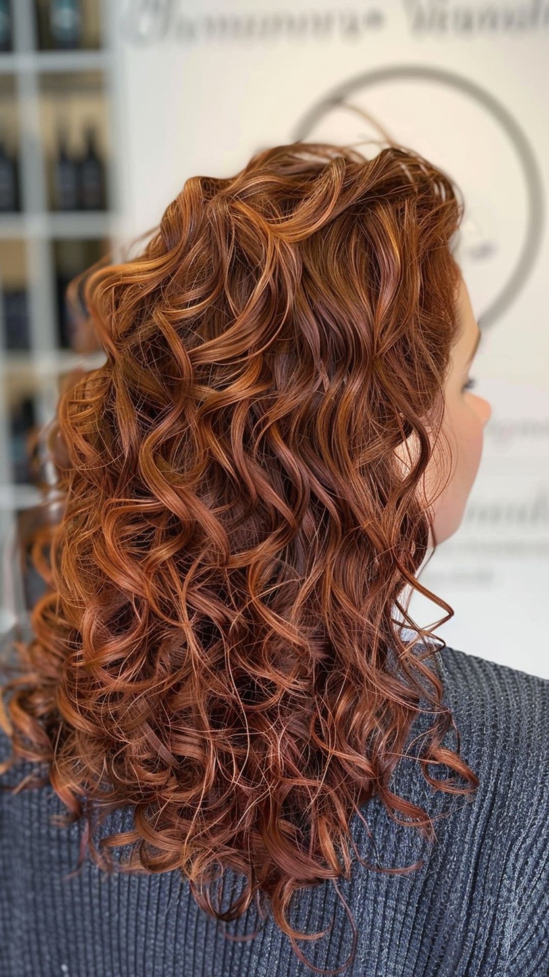 A woman modelling a mahogany curly hair.