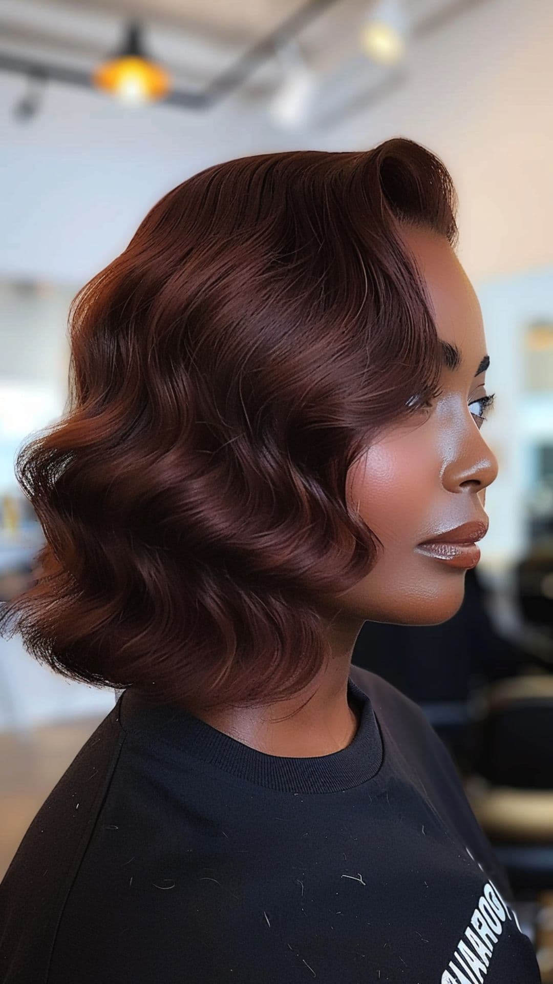 A black woman modelling a mahogany hair.