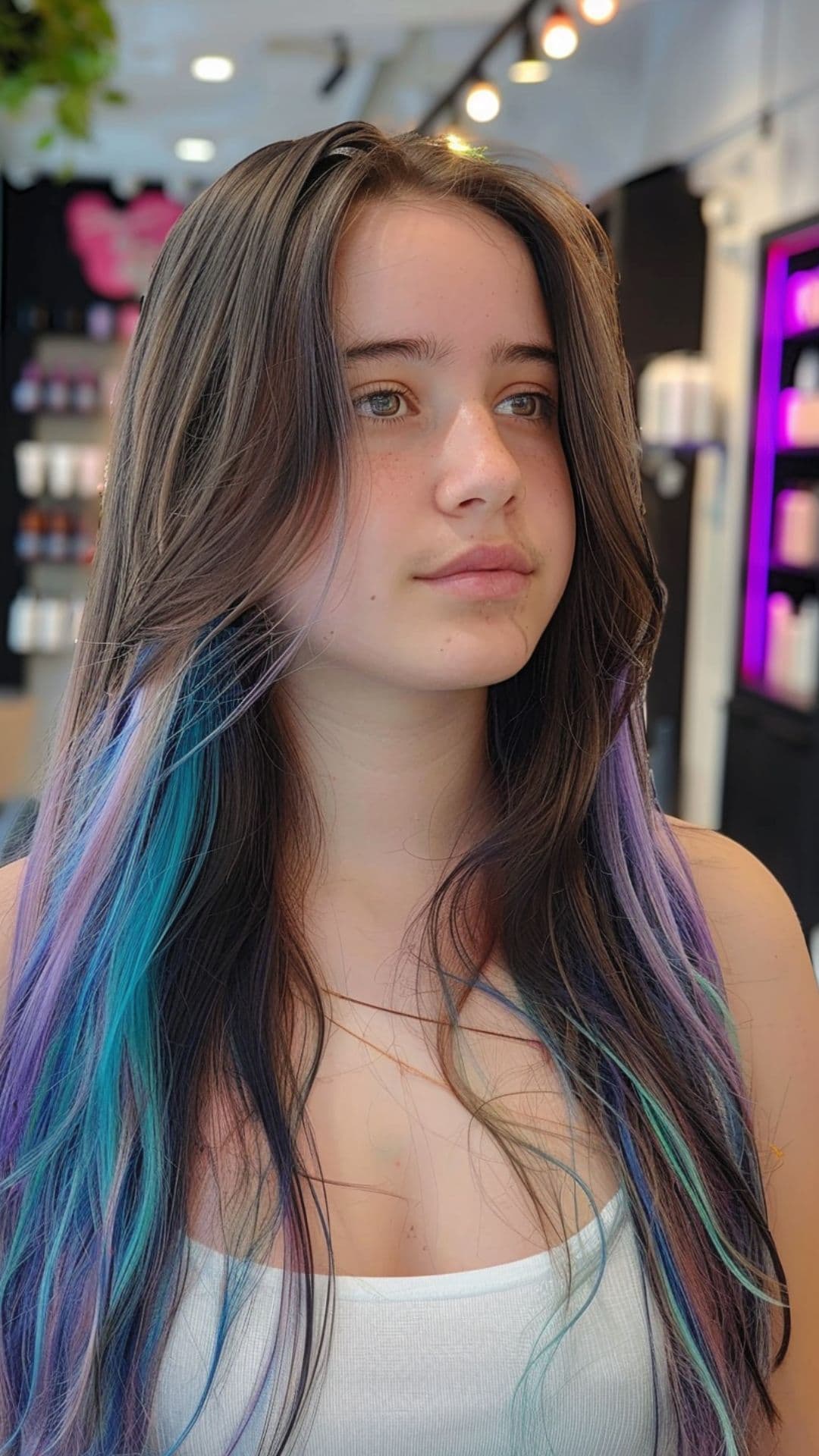 A teen girl modelling a mermaid peekaboo hair.