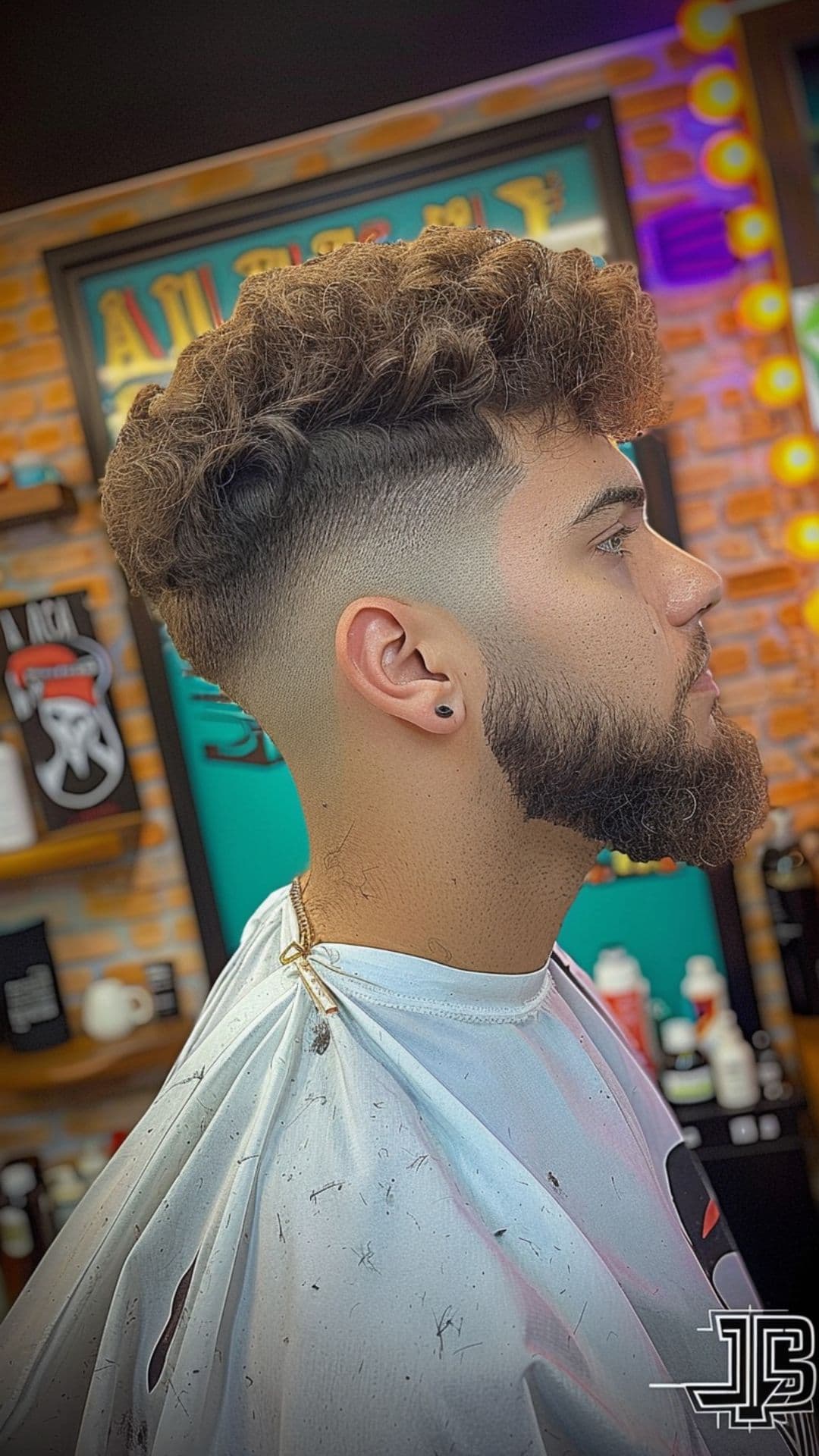 A man modelling a mid drop fade haircut with beard.
