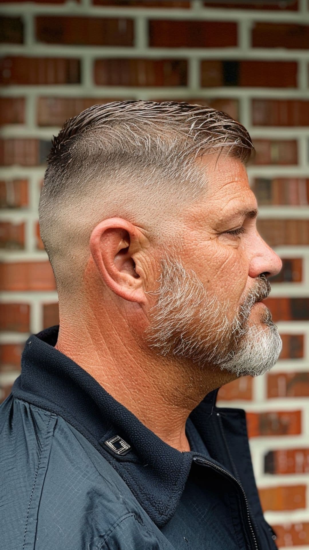 A middle aged man modelling a mid fade haircut.