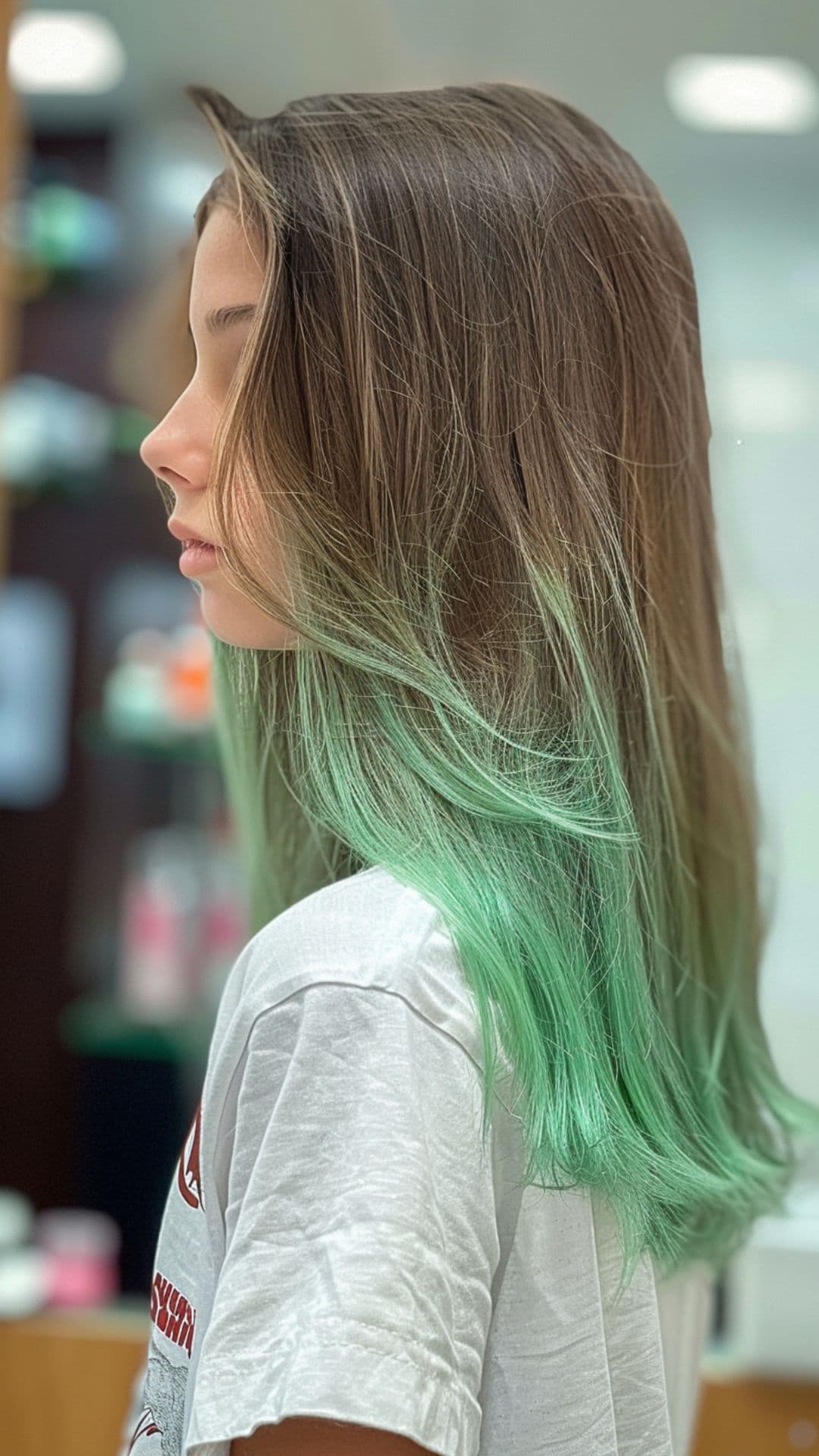 A teen girl modelling a mint green hair tips.
