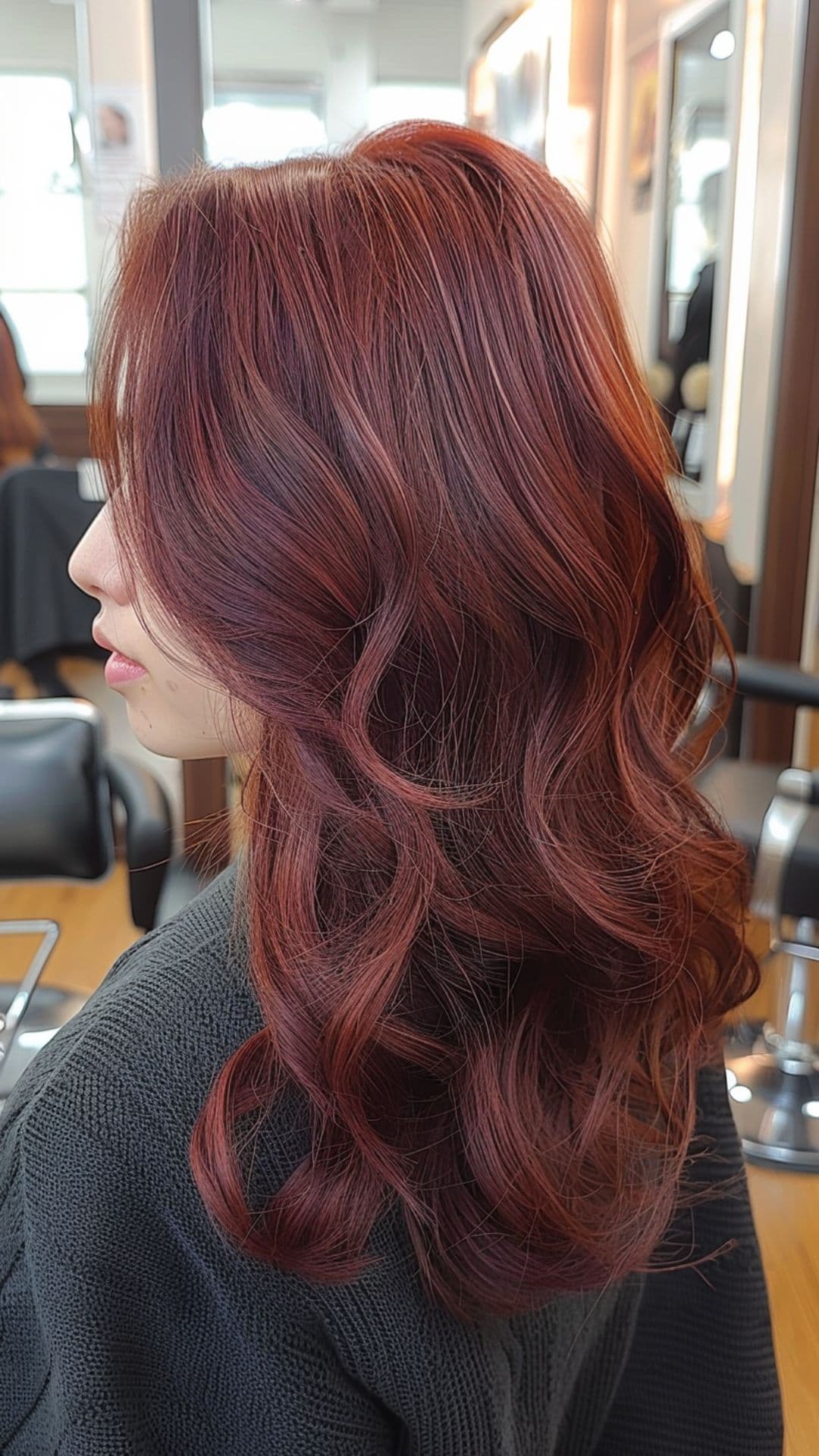 A woman modelling a mulled wine hair color.