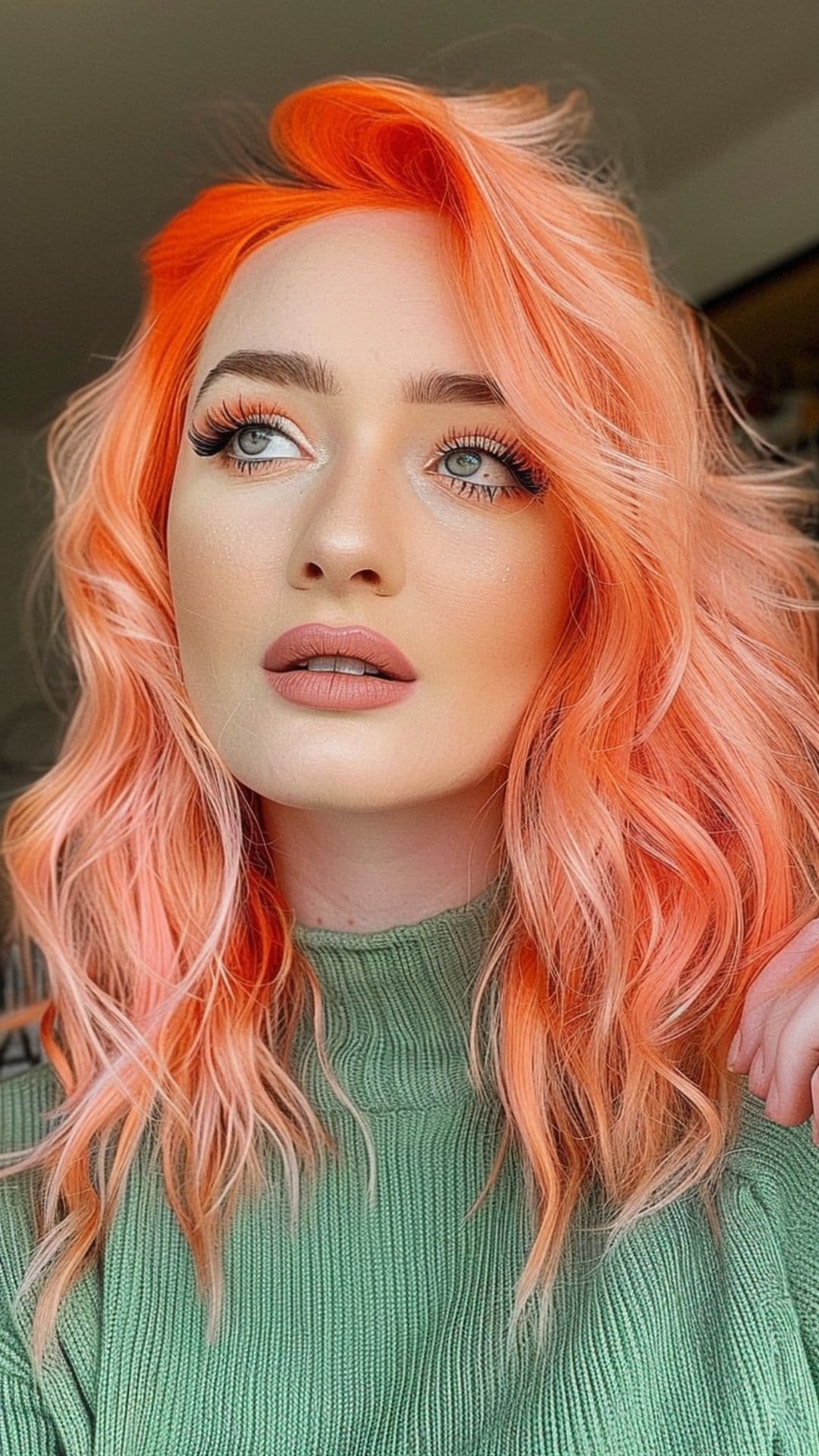 Uma mulher modelando um cabelo cor de pêssego neon.