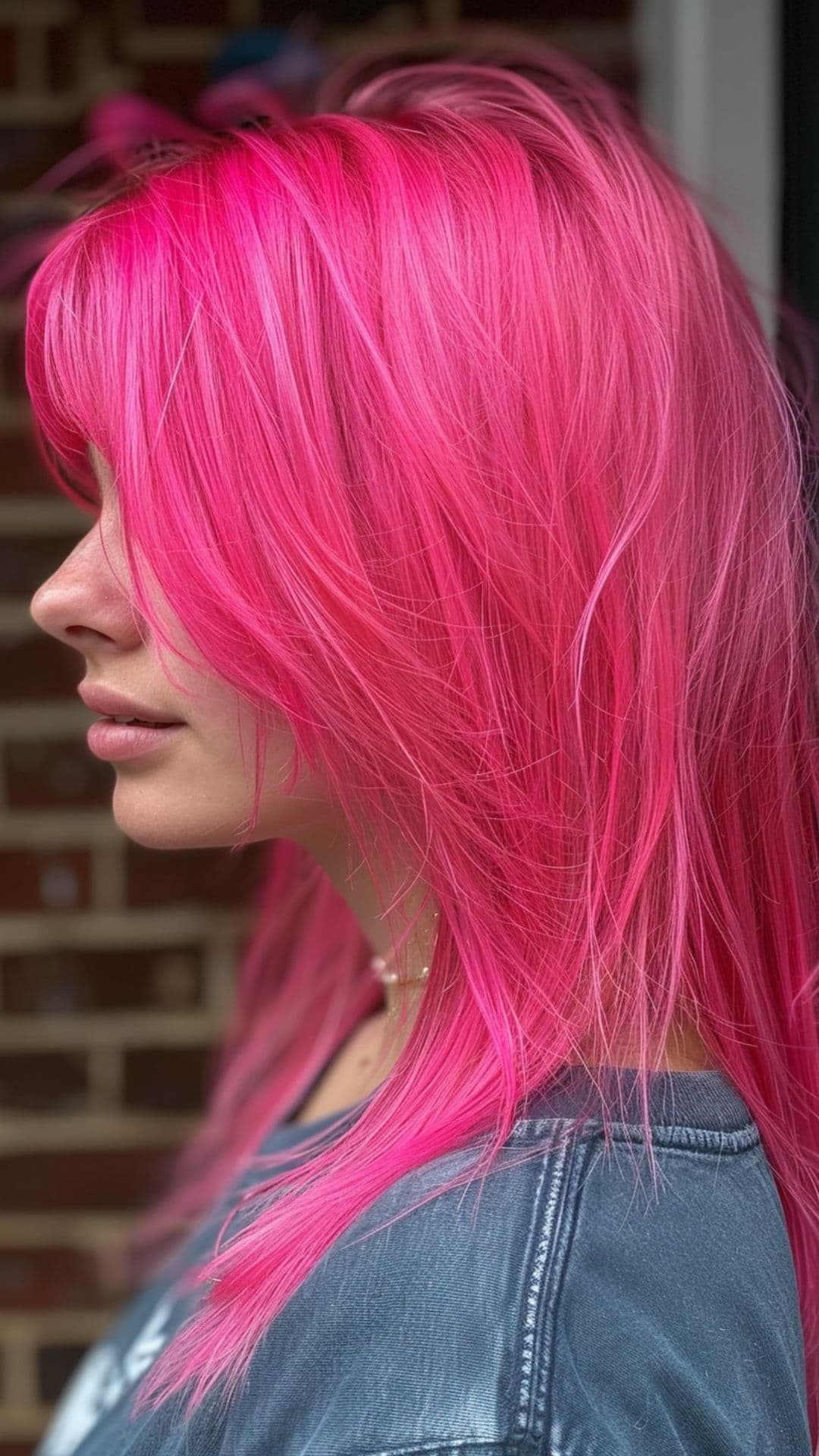 A woman modelling a neon pink hair.