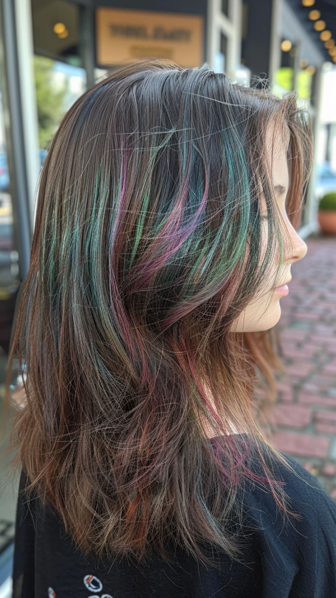 A young woman modelling an oil slick hair.