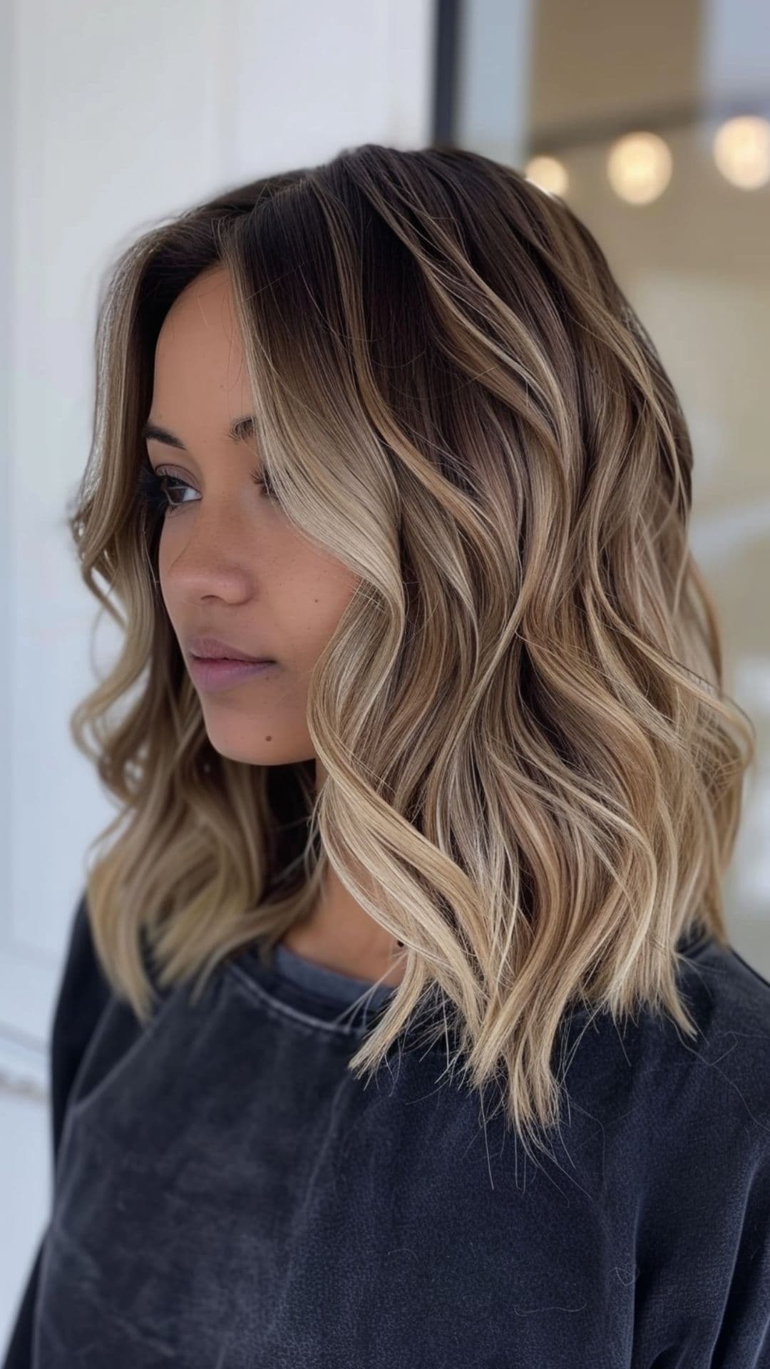 A woman with a dark skin tone modelling an ombre brown to blonde hair.