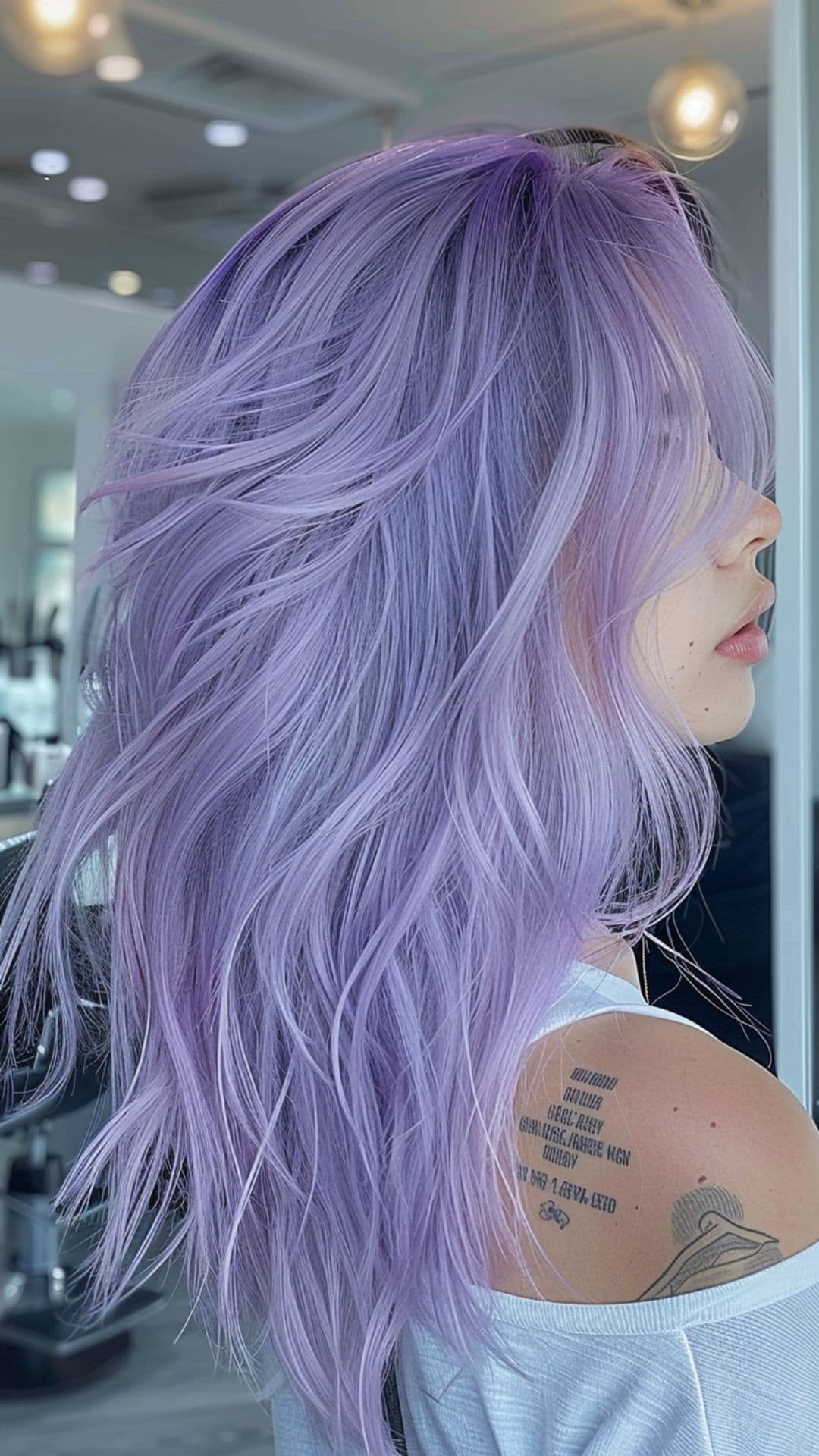 A woman modelling a pastel lavender hair.
