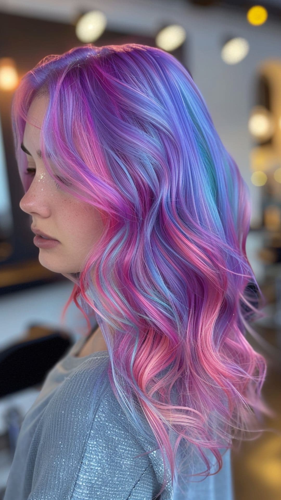 A woman modelling a pastel mermaid hair.