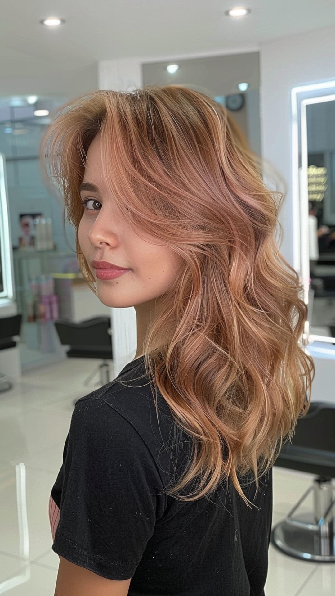A woman modelling a pastel peach hair.