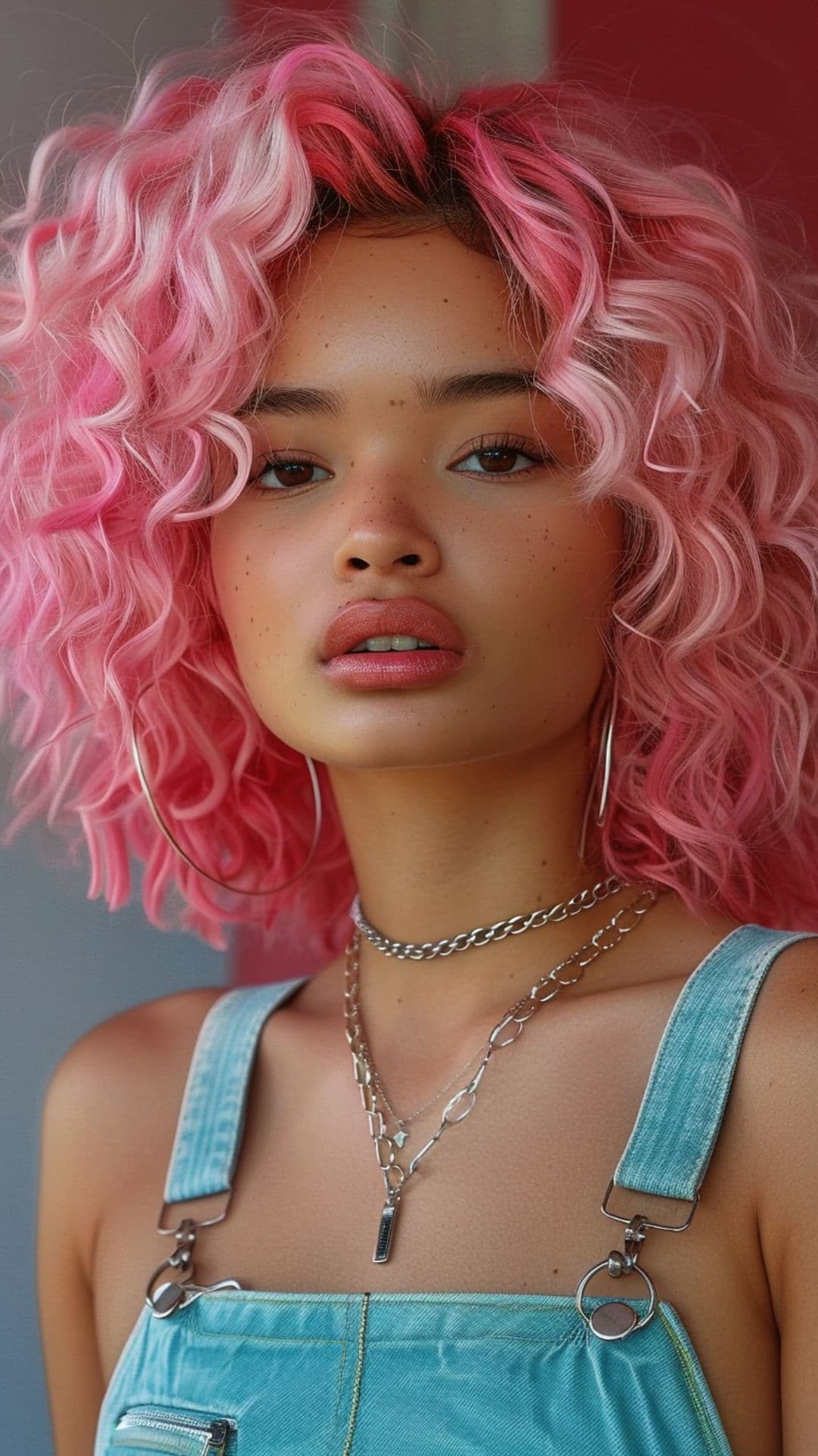 A woman modelling a pastel pink curly hair.