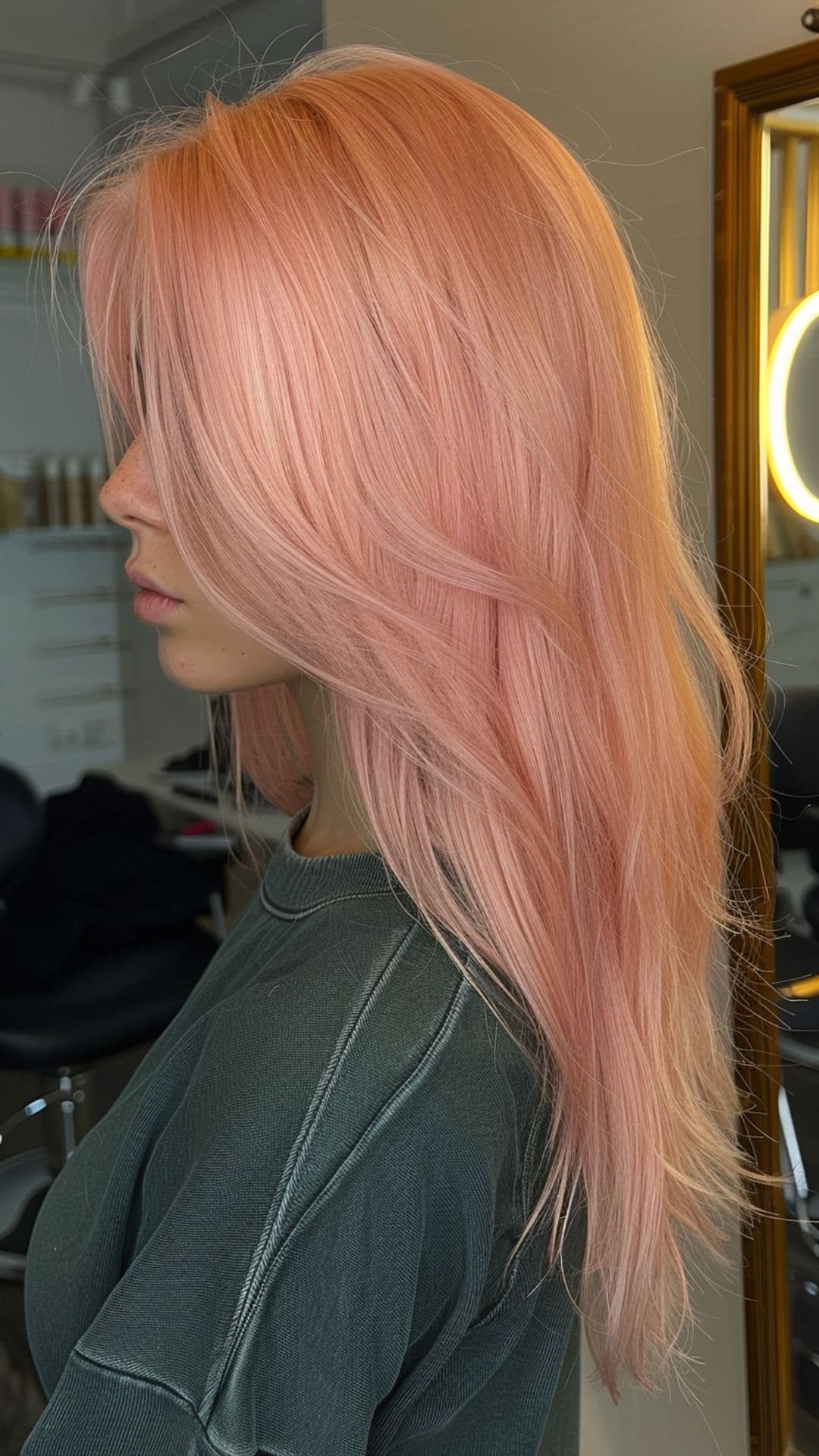 A young woman modelling a pastel pink hair.