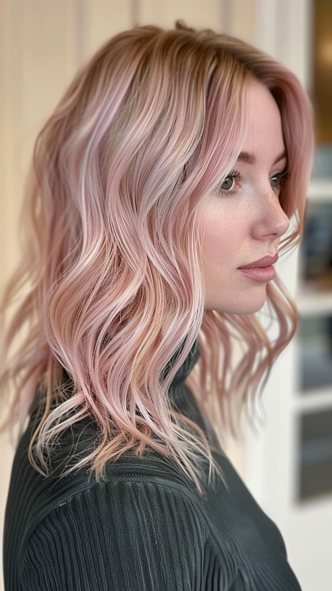 A woman modelling a pastel pink hair.