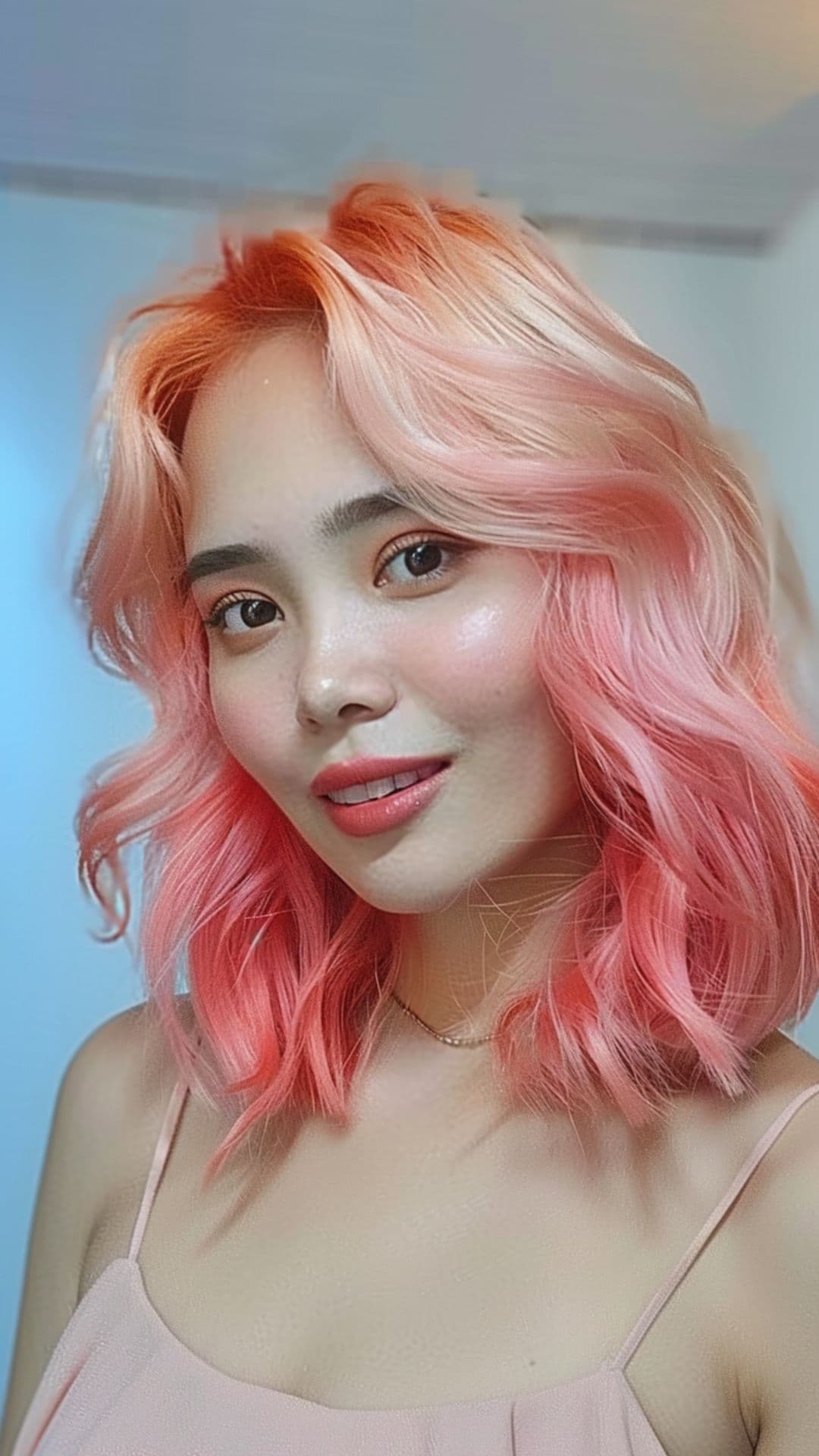 A woman modelling a pastel pink and coral hair.