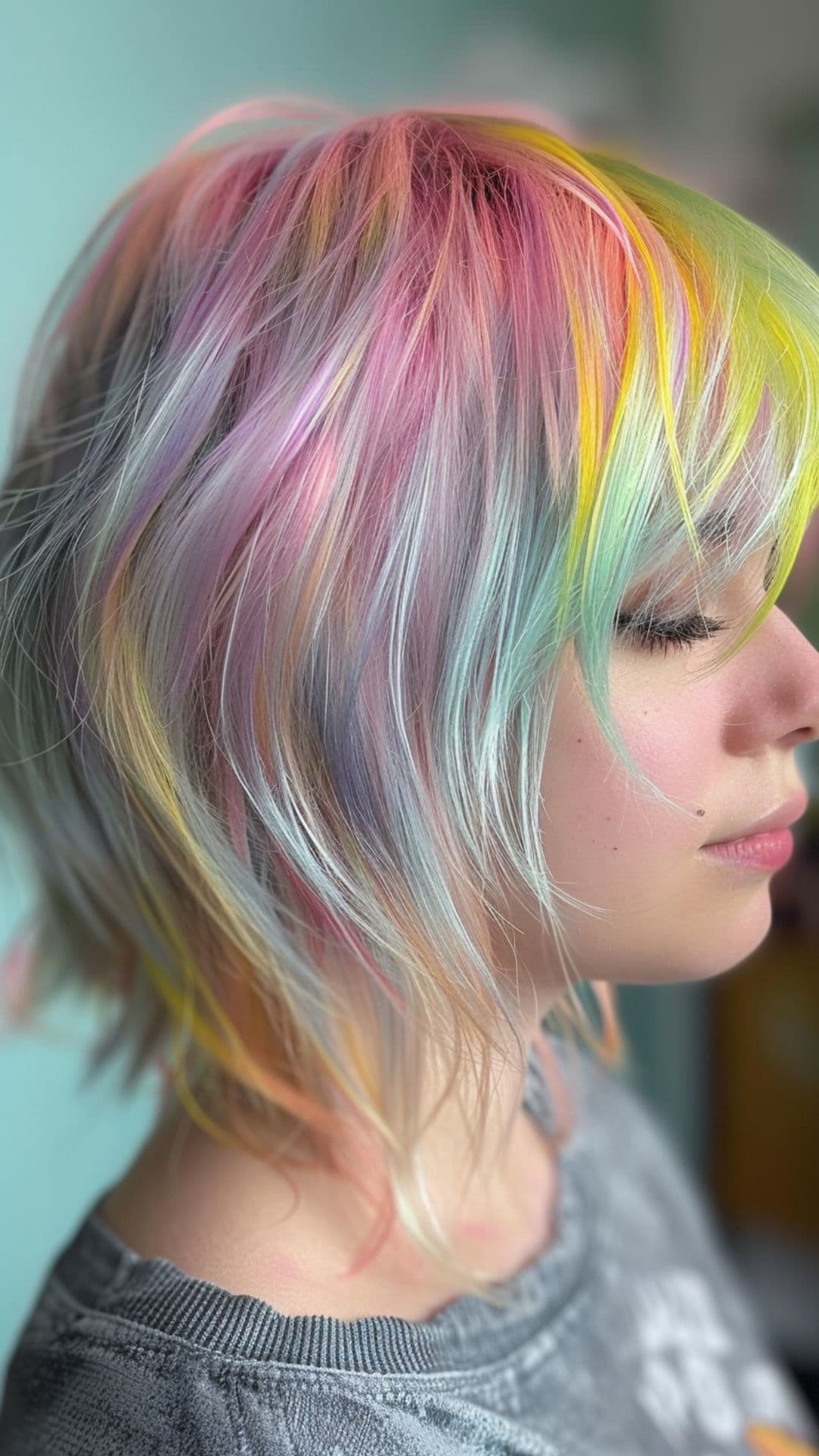 A woman modelling a short pastel rainbow hair.