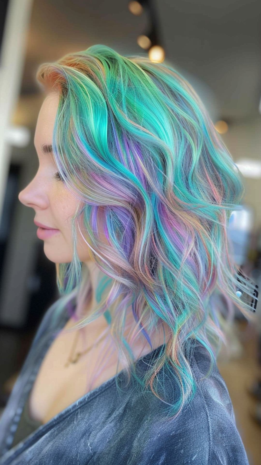 A woman modelling a pastel rainbow hair.