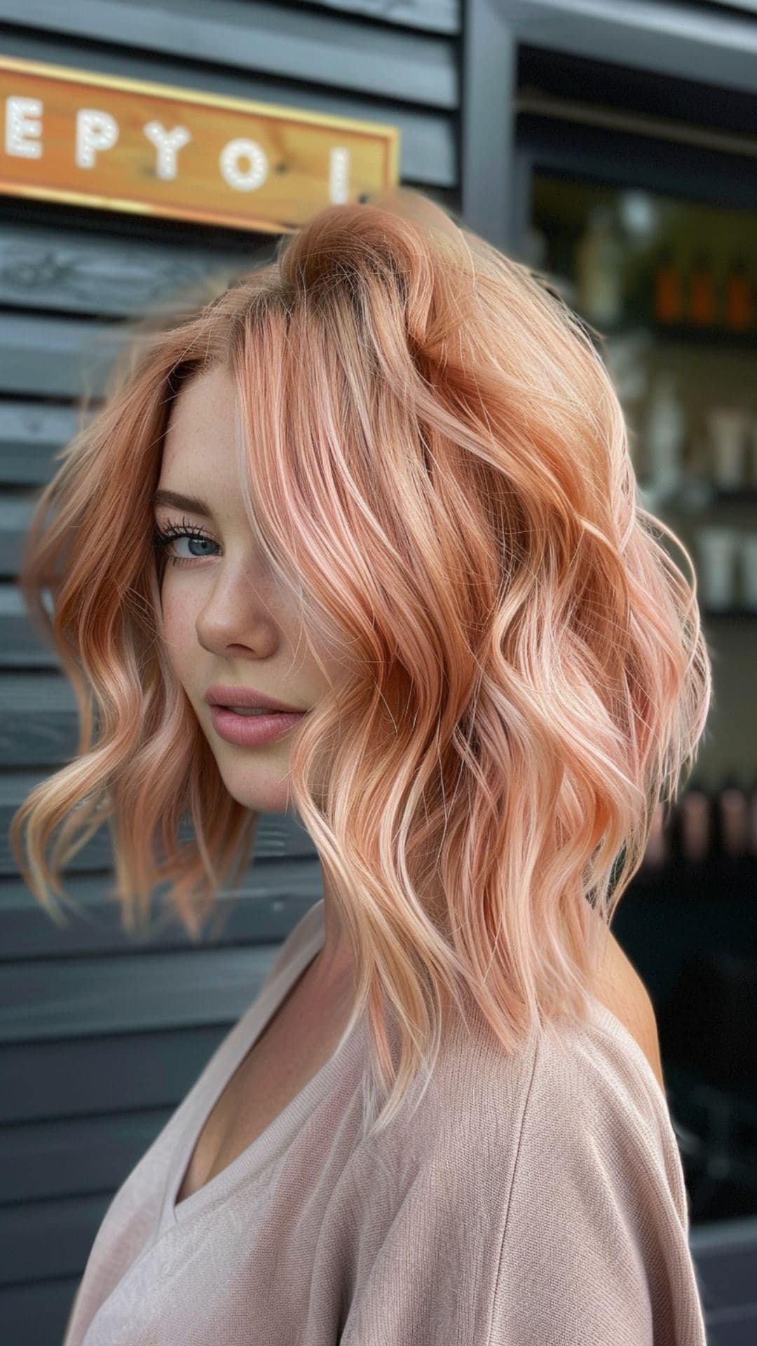 A woman modelling a pastel rose gold hair.