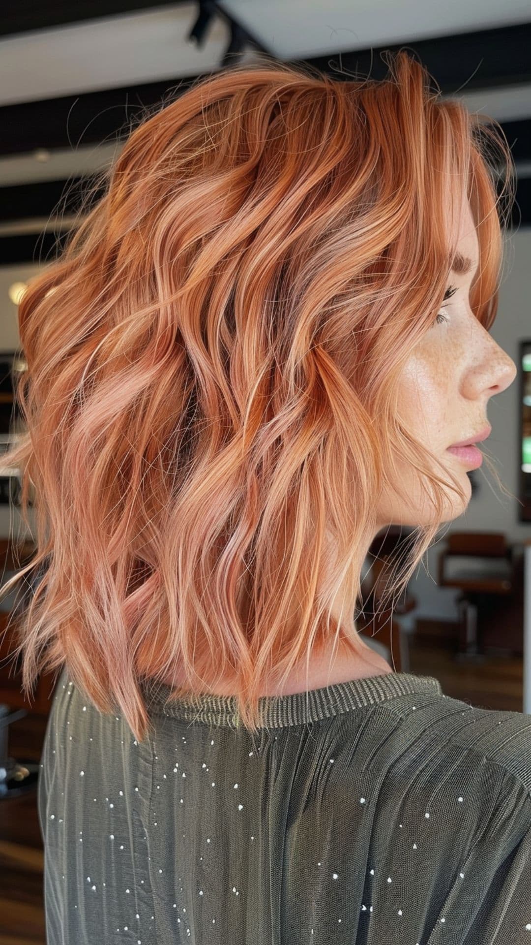 Uma mulher modelando um cabelo com penugem cor de pêssego.