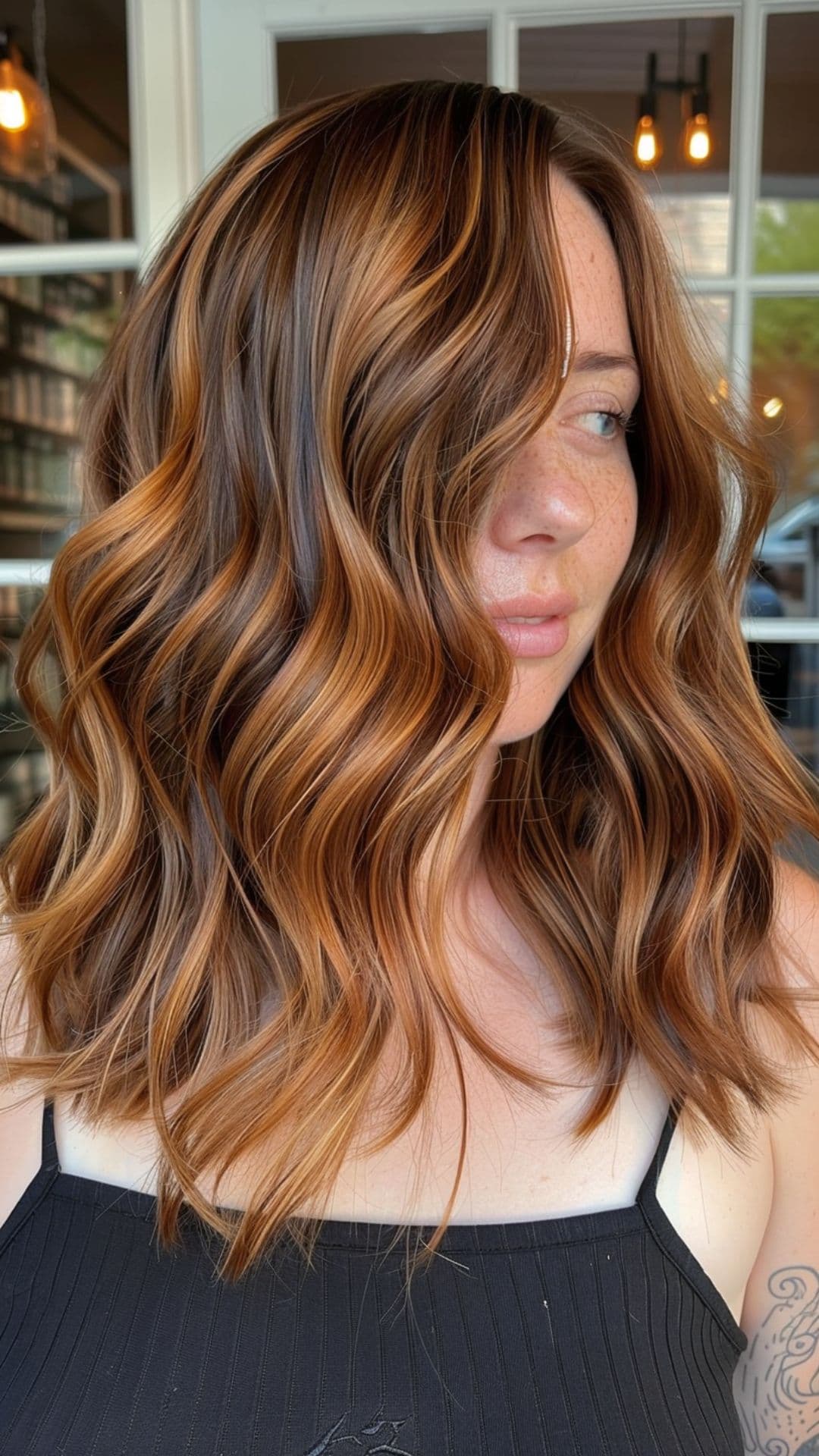 Uma mulher modelando um pêssego destaca o cabelo.