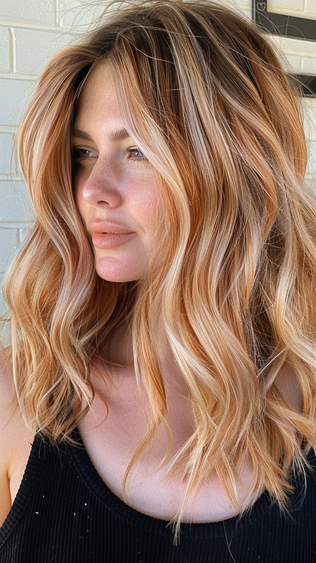 Uma mulher modelando um cabelo derretido com raiz de pêssego.