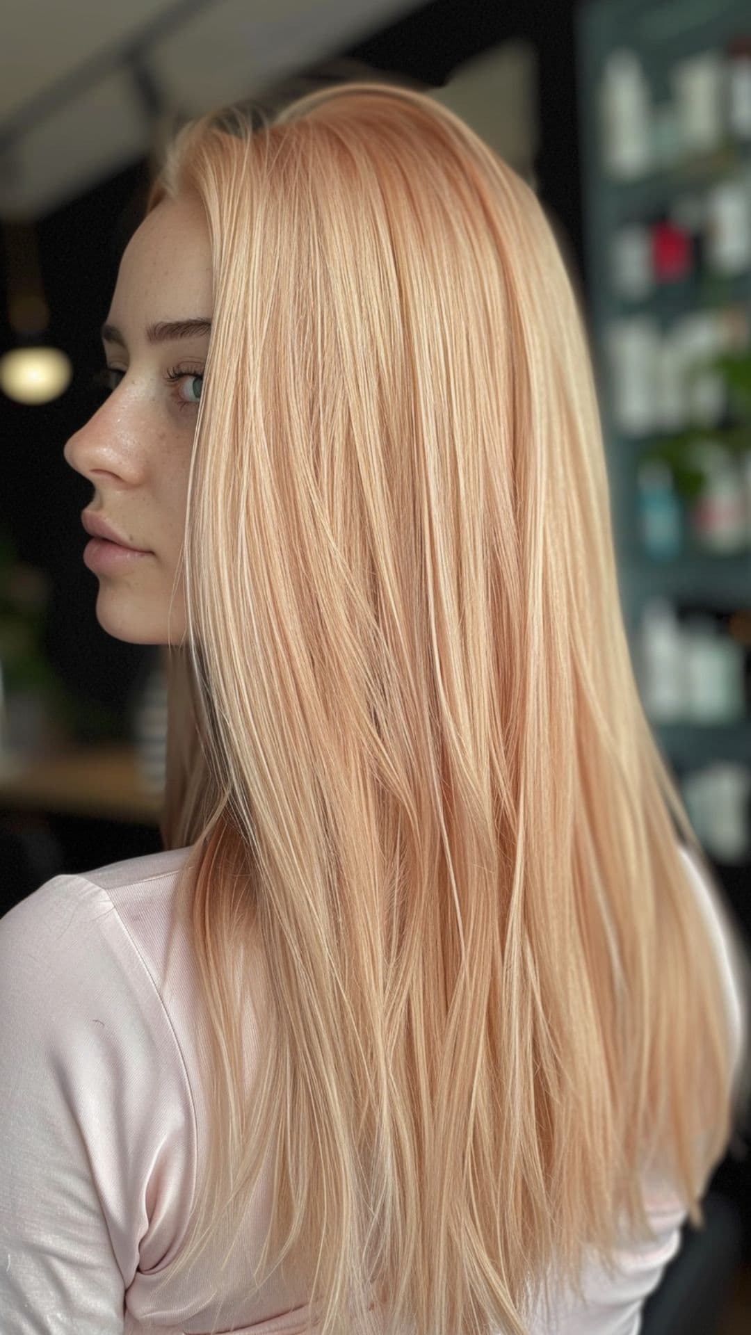 Uma mulher modelando um cabelo loiro pêssego.