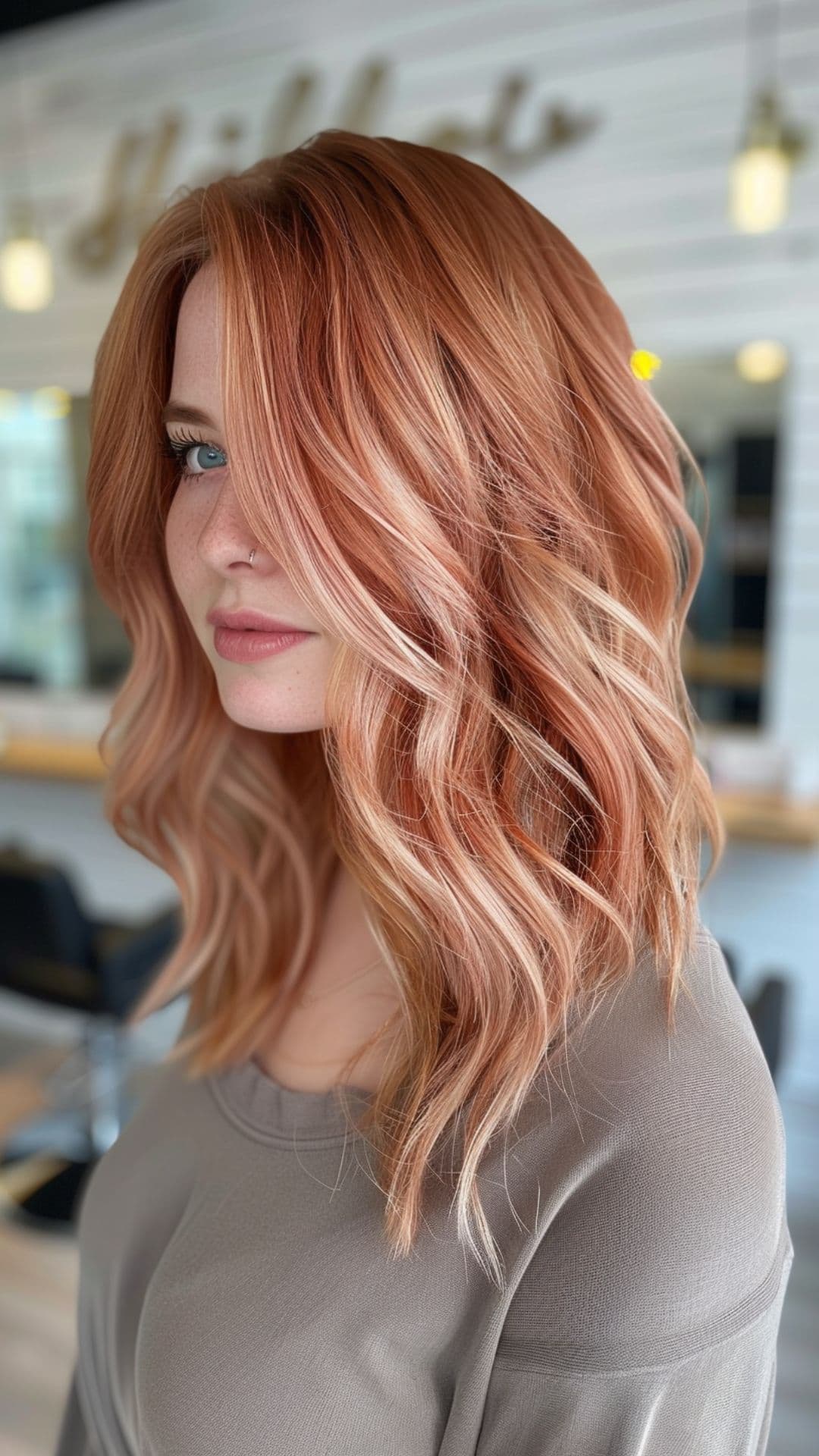 Uma mulher modelando um cabelo rosa pêssego pêssego.